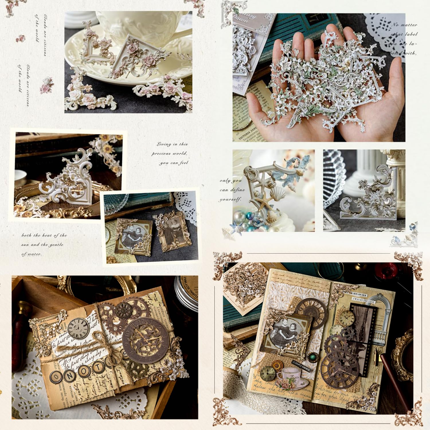 Lot de 120 décorations d'angle en papier épais baroque gaufré pour scrapbooking, 6 thèmes, cadre décoratif rétro 3D, matériel de collage pour fournitures de journal, album