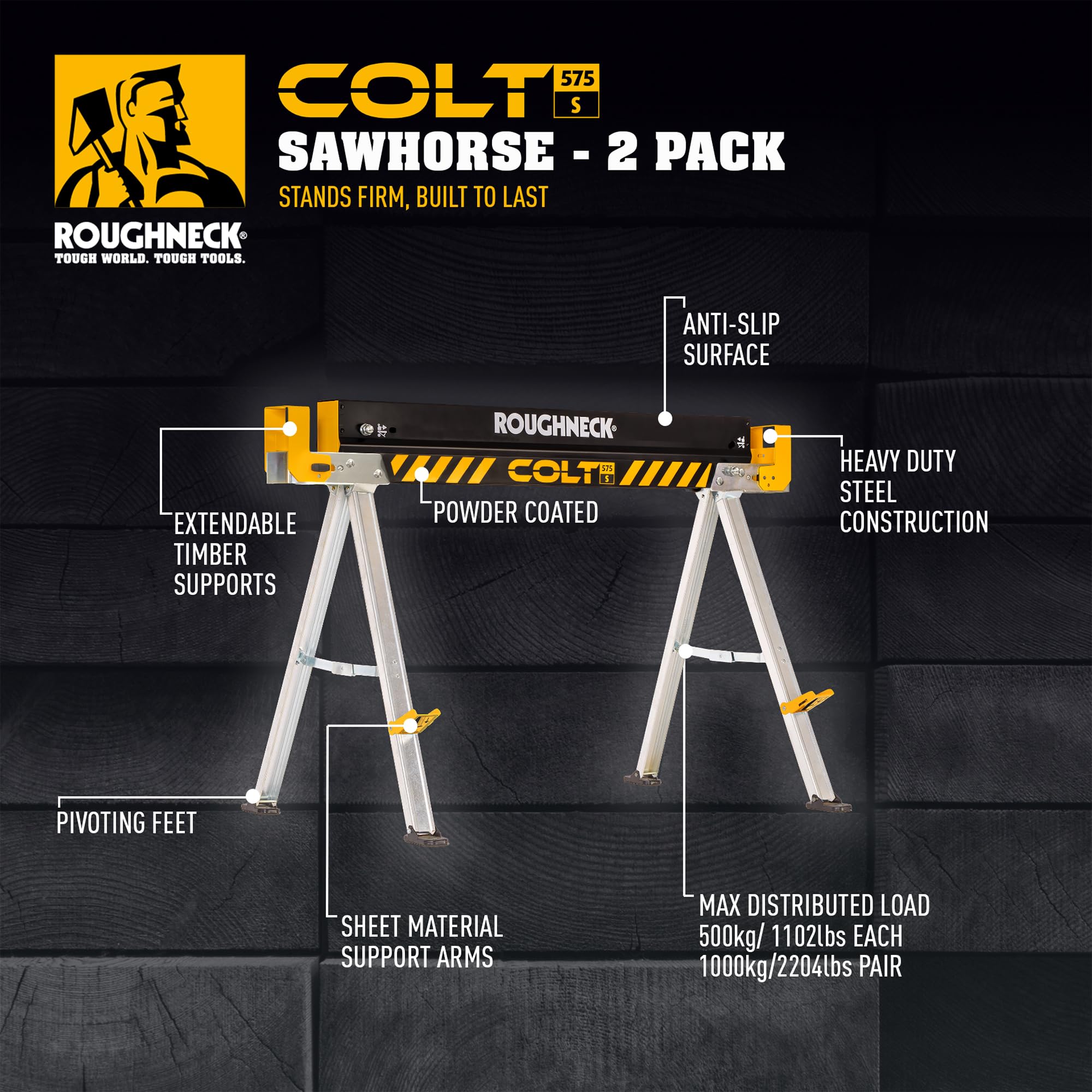 ROUGHNECK® Colt 575S Chevalet de sciage en acier robuste avec une capacité de 500 kg chacun, 1000 kg par paire pour le travail du bois et la construction - Lot de 2