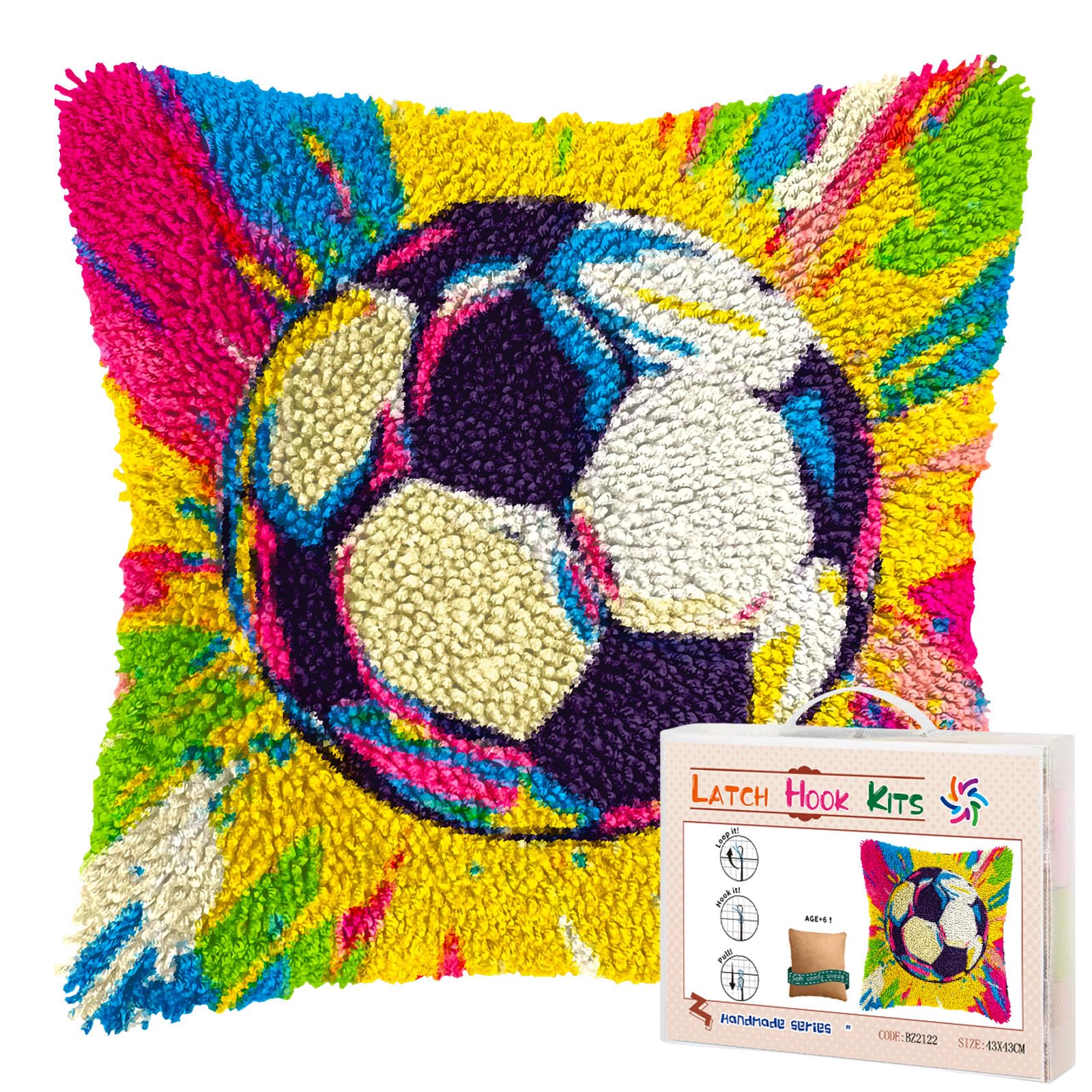 Colored Soccer DIY Latch Hook Pillow Kits for Adults Printed Pillowcase Crochet Yarns Hooking Handmade Pillow Cover Cushion for Home Sofa Decoration 17x17inch