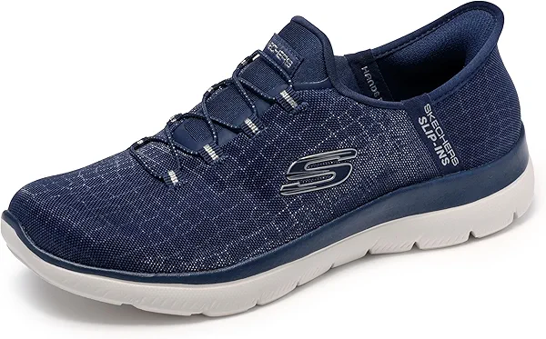 Skechers Women's Hands Free Slip-ins Summits Classy Night Sneaker, Navy/Silver, 9.5