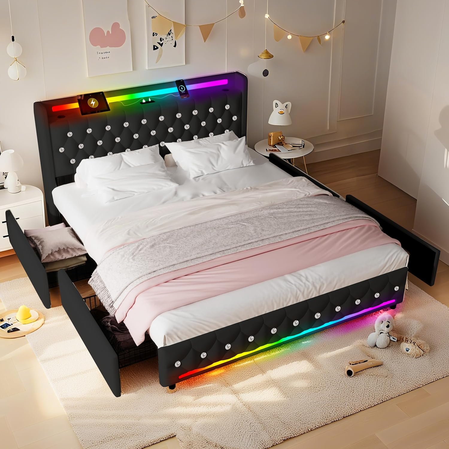 Queen Bed Frame with Bluetooth Speakers,USB & Type-C Charging Station & LED Headboard and Footboard & 4 Drawers Storage,Wooden Slats Support,Velvet Upholstered Bed,Easy Assembly,Black