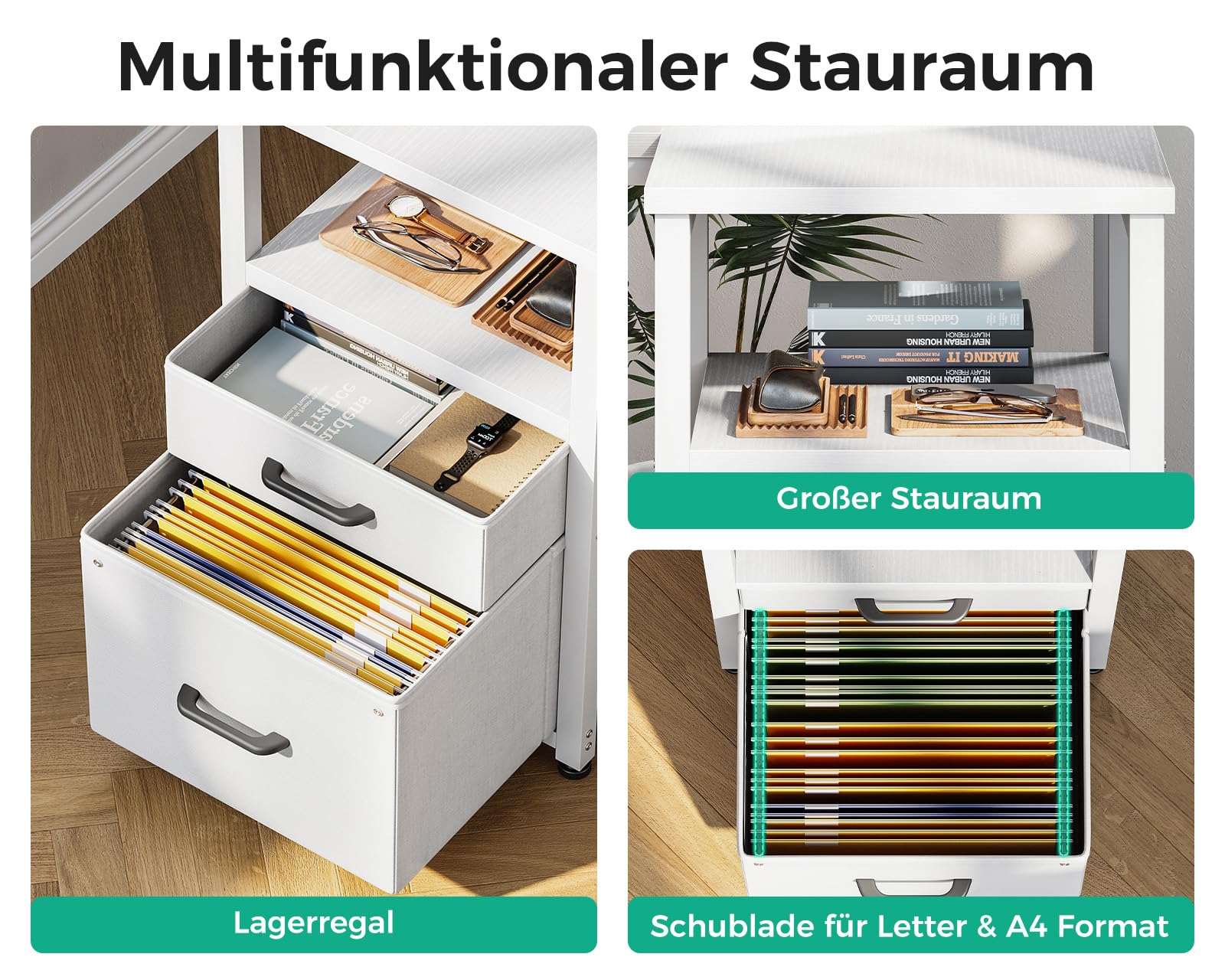 Coleshome Schreibtisch mit Stoff Schubladen, 140x80cm Umkehrbarer Schreibtisch L Form mit Aktenschublade, Eckschreibtisch mit USB-Ladeanschluss und Steckdose, Home Office Schreibtische, Weiß