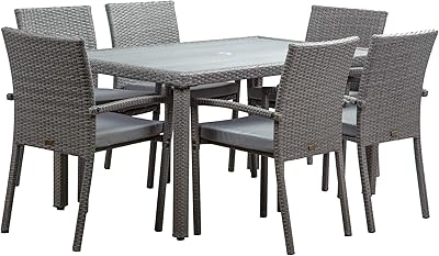 BELLEZE 7 Piece Rattan Patio Set, Slatted Wicker Dining Table and Chairs, Outdoor Furniture Set with Umbrella Cutout, Removable Cushions for Porch - Mariel (Grey)