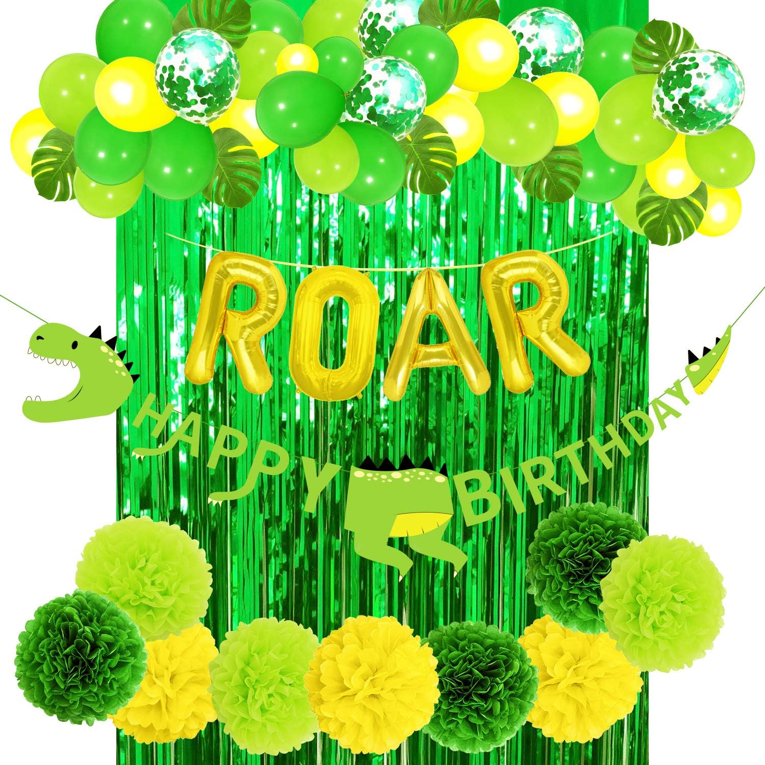 Dinosaur Birthday Party Decorations Set, Happy Birthday Party Supplies with ROAR Foil Letter Balloon, Green Curtain Backdrop, Palm Leaves, Latex and Confetti Balloons, Banner