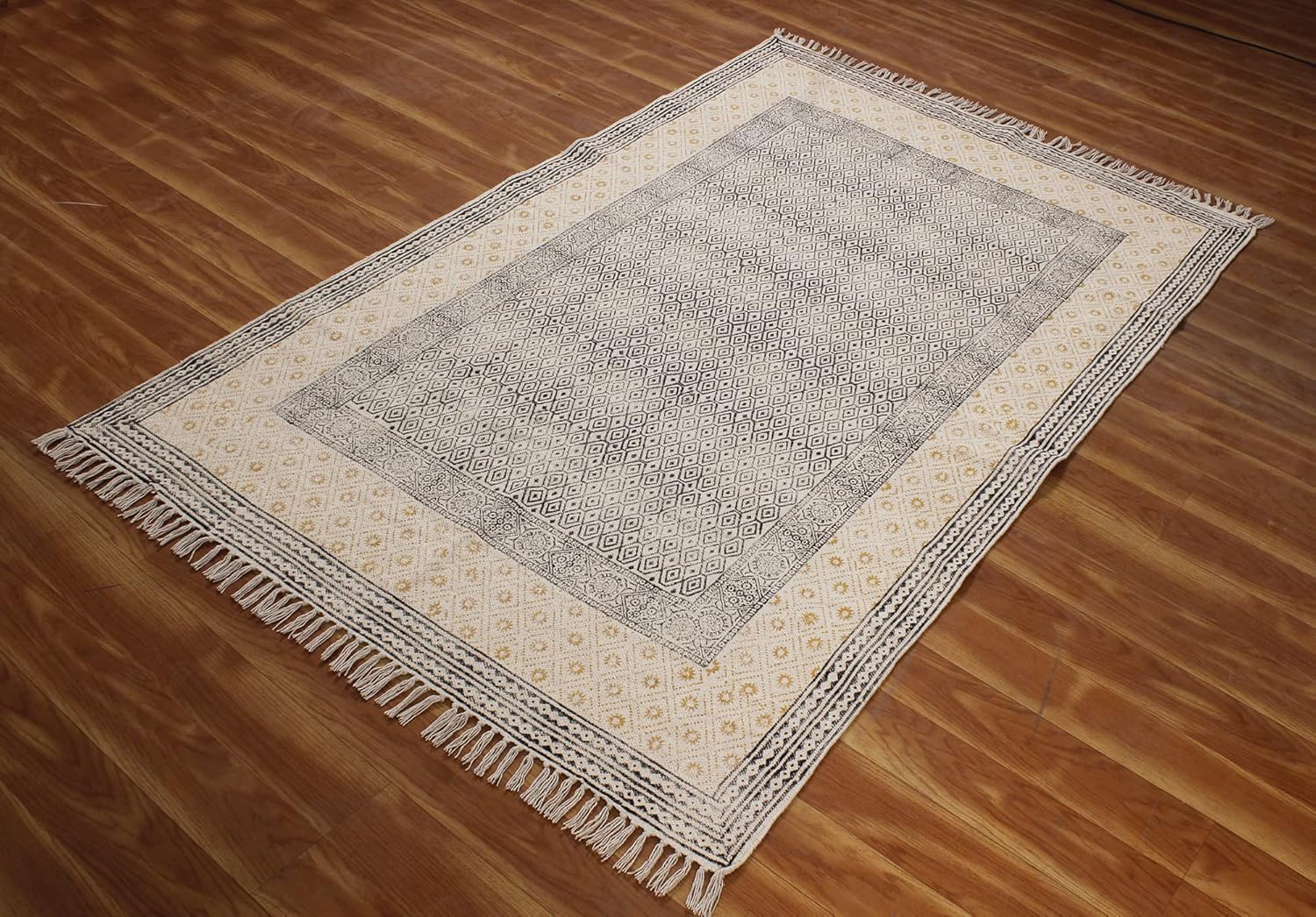 Kilim Tapis carré en coton beige et noir épais de 0,5 cm d'épaisseur – Lavable à la main – Tapis en coton tissé plat pour cuisine, table de chevet, entrée