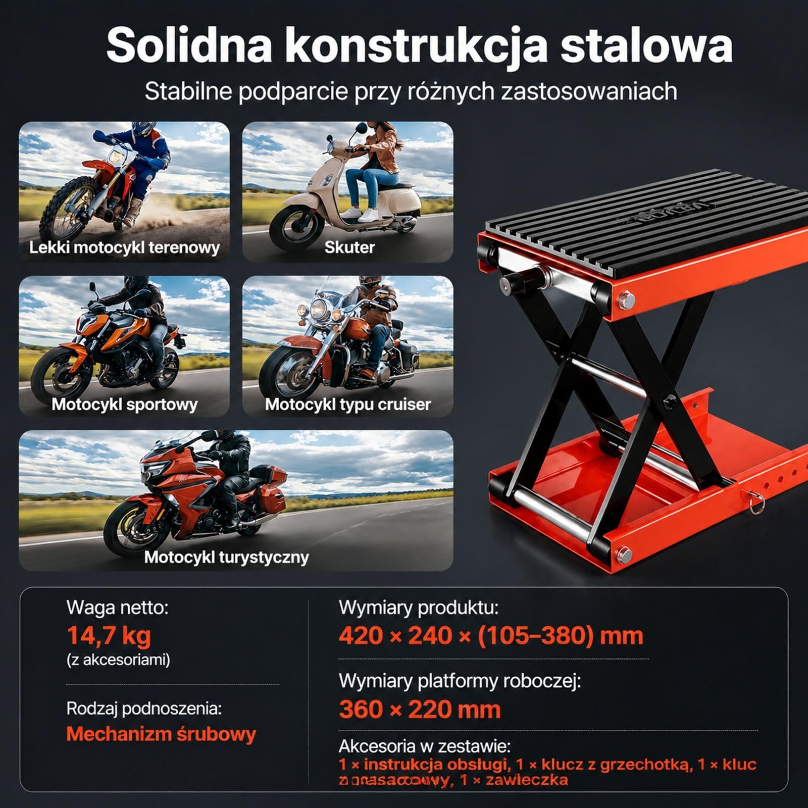 Stalowy podnośnik nożycowy do motocykli z szeroką platformą, kluczem grzechotkowym i korbą do motocykli terenowych