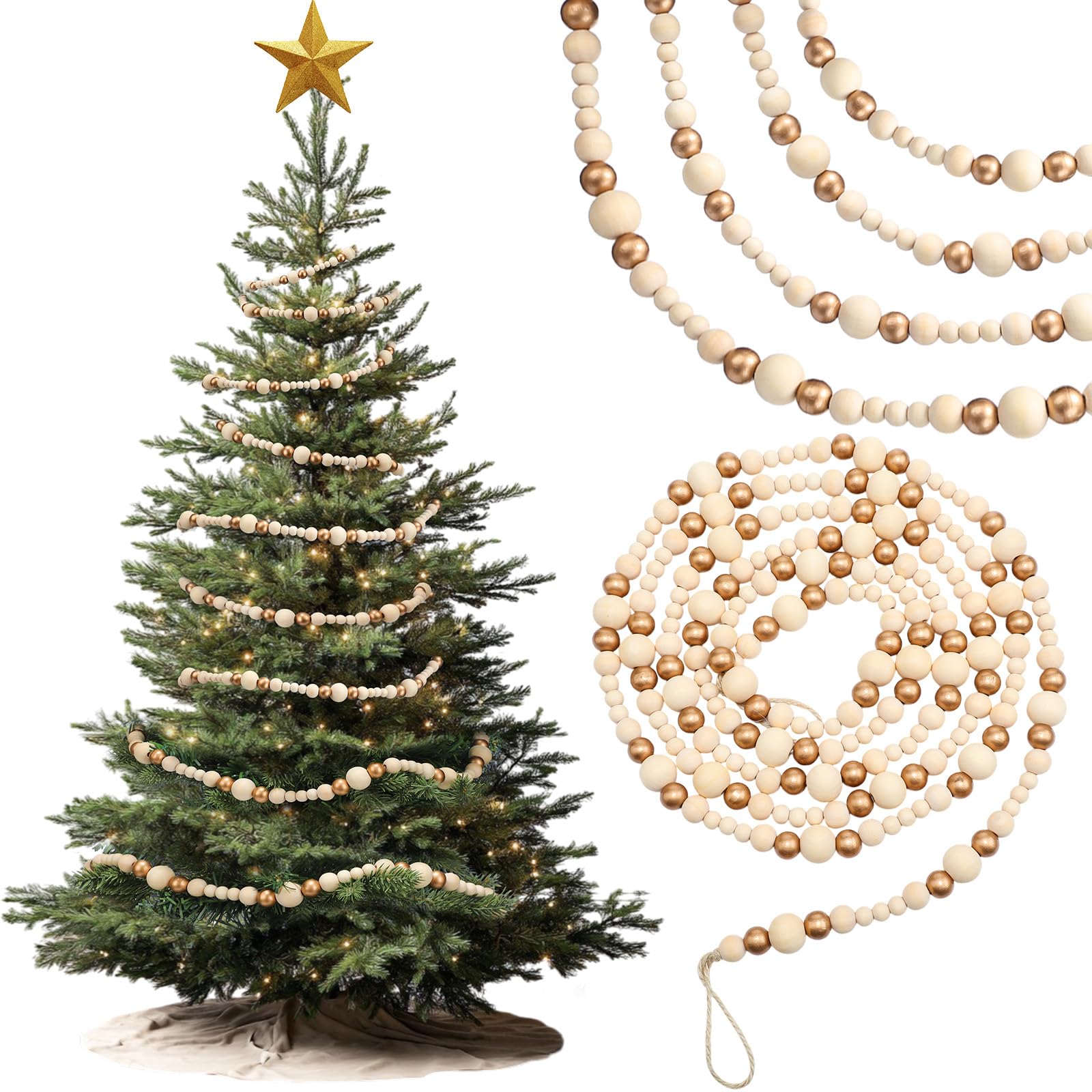 Briwooody Guirnalda de cuentas de madera de Navidad de 27 pies de largo, 3 piezas de guirnalda de árbol de Navidad de madera de 9 pies, guirnaldas de cuentas vintage para Navidad, boda, vacaciones