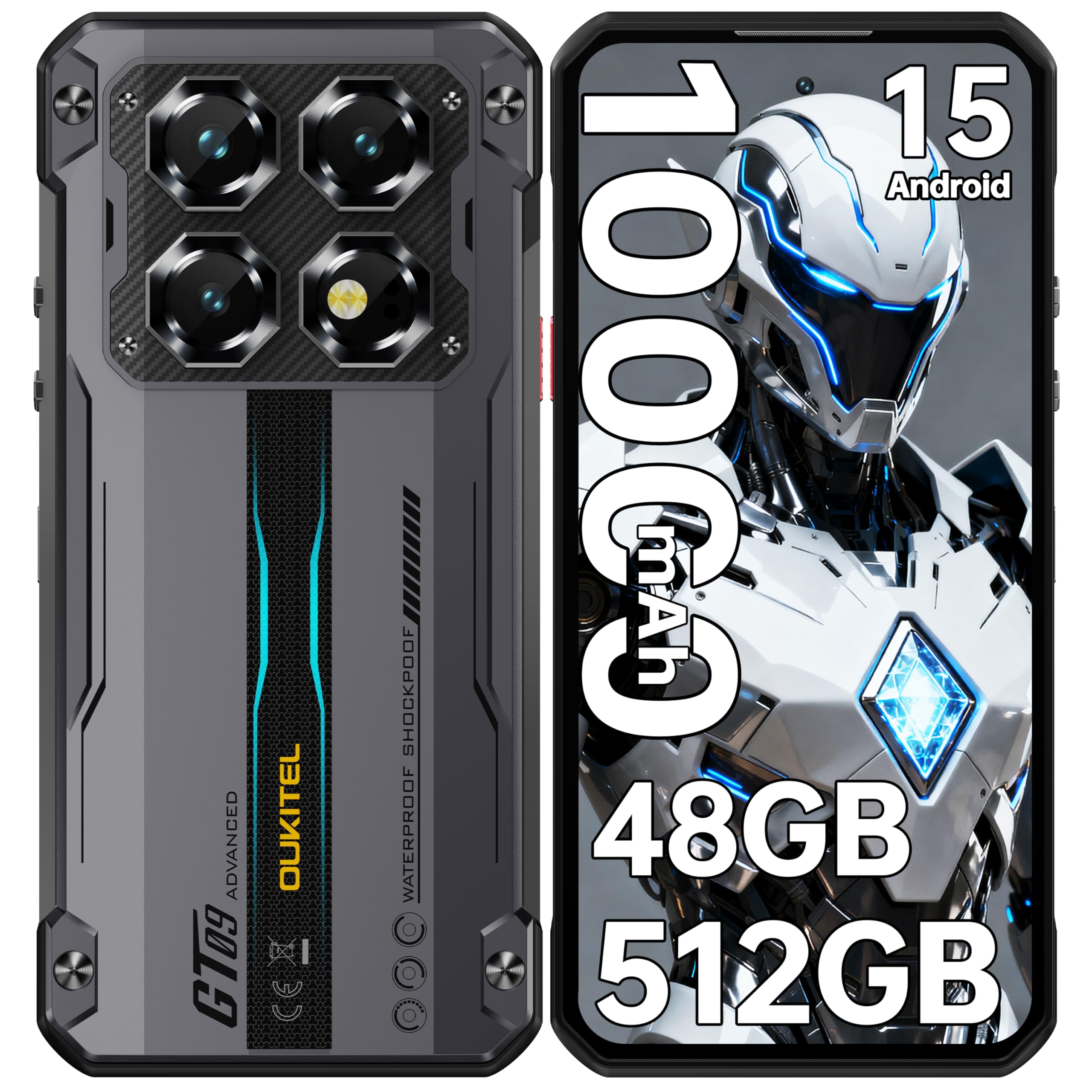 OUKITEL WP60 Rugged Smartphone 5G - 7.2 "HD+ 120Hz, 48GB(16+32)RAM+512GB ROM/TF 2TB Unbreakable Phone - 108MP+32MP, 95dB Speaker 10000mAh Android 15 Dual SIM 5G/BT5.2/NFC/OTG/IP68/GPS Black