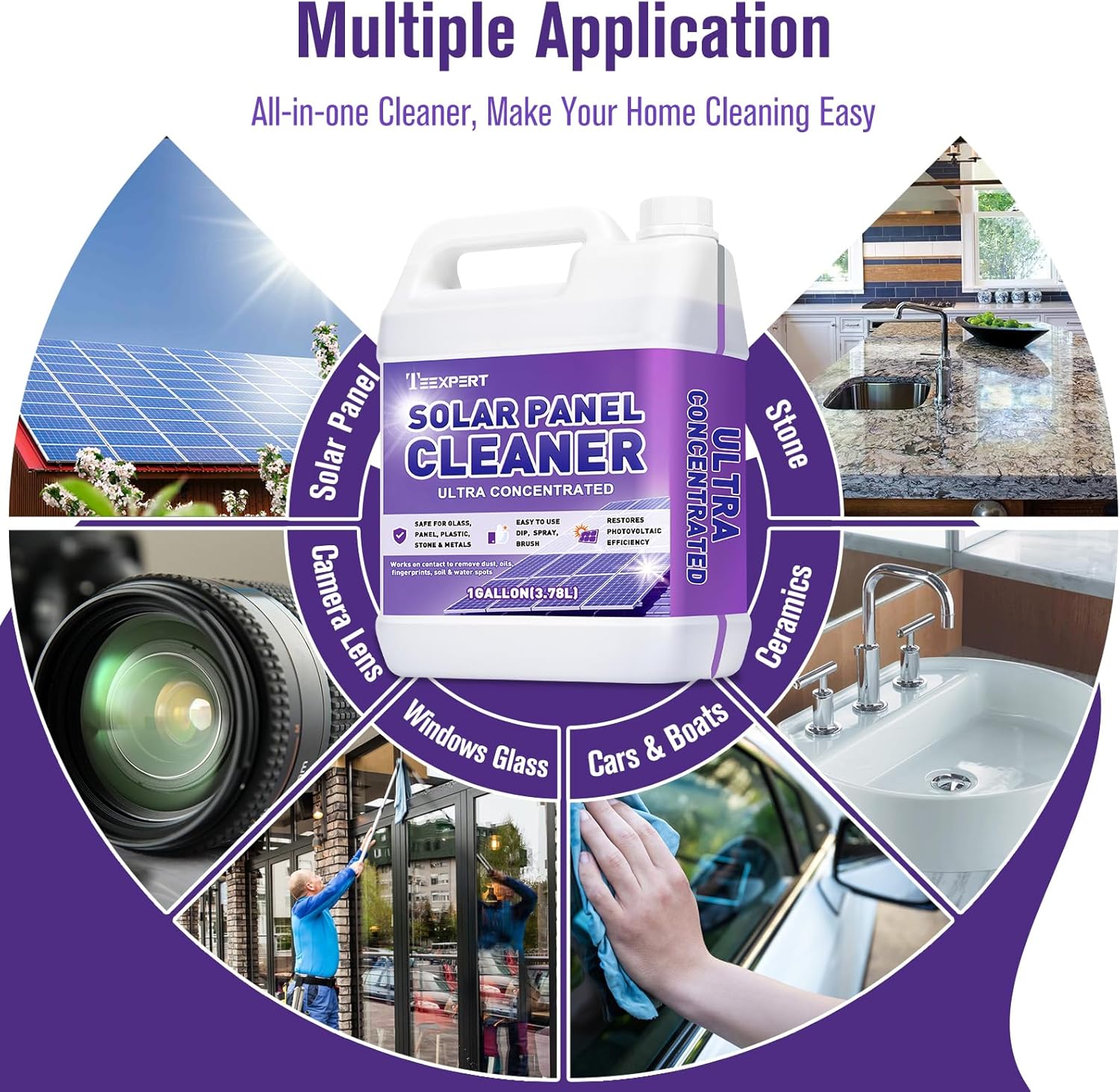 Teexpert Solar Panel Cleaner (1Gallon Makes 600 Gallons), Ultra Concentrated Glass & Solar Panel Cleaning, Pro Quick Dry Streak-Free Remove Dirt, Dust, Droppings, Fingerprints, Oils & Water Spots