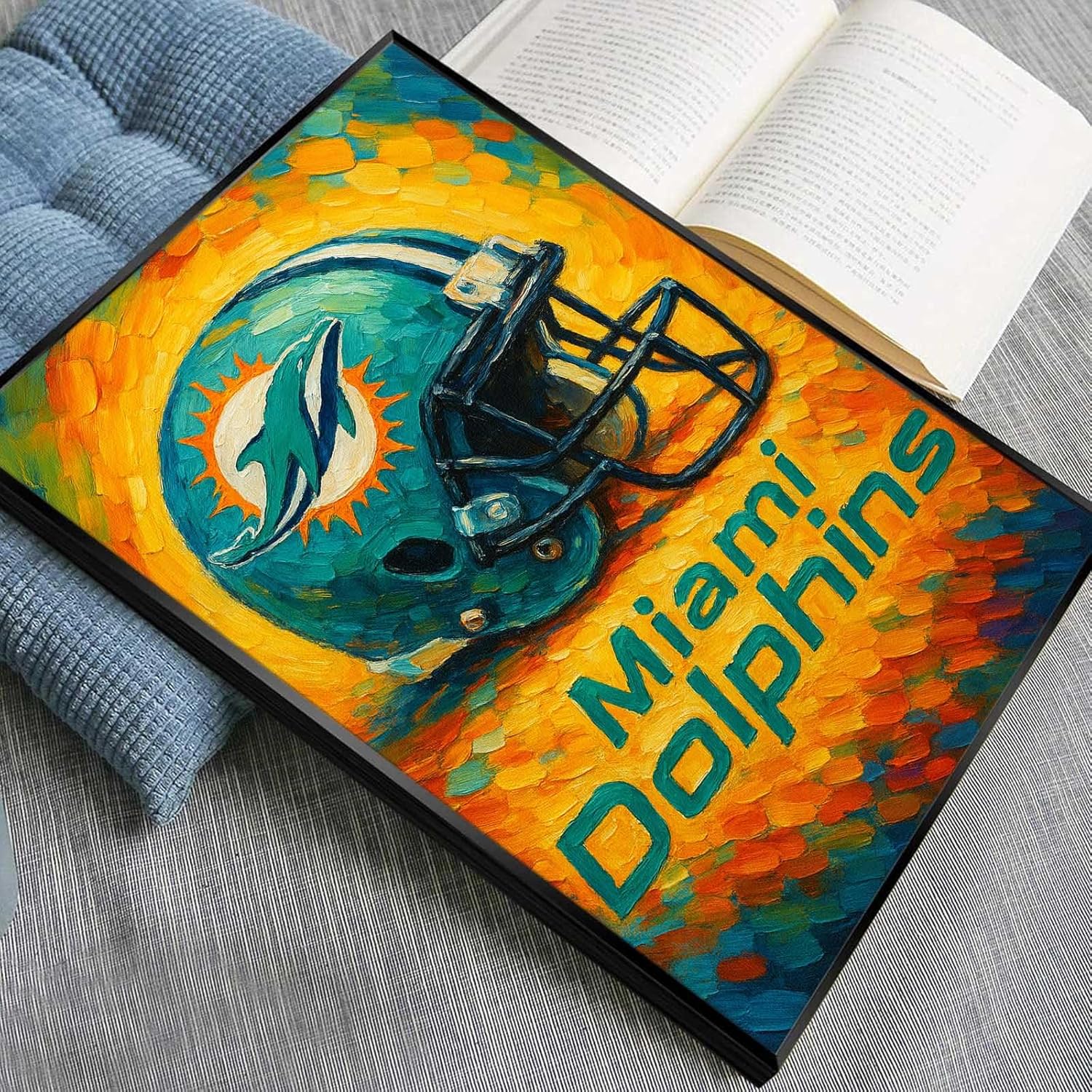 SPASAV (Unframed 20"x30") Dolphins Helmet Canvas Print – Oil Painting Style Wall Art Poster for Miami Football Fans, Game Room or Man Cave Decor