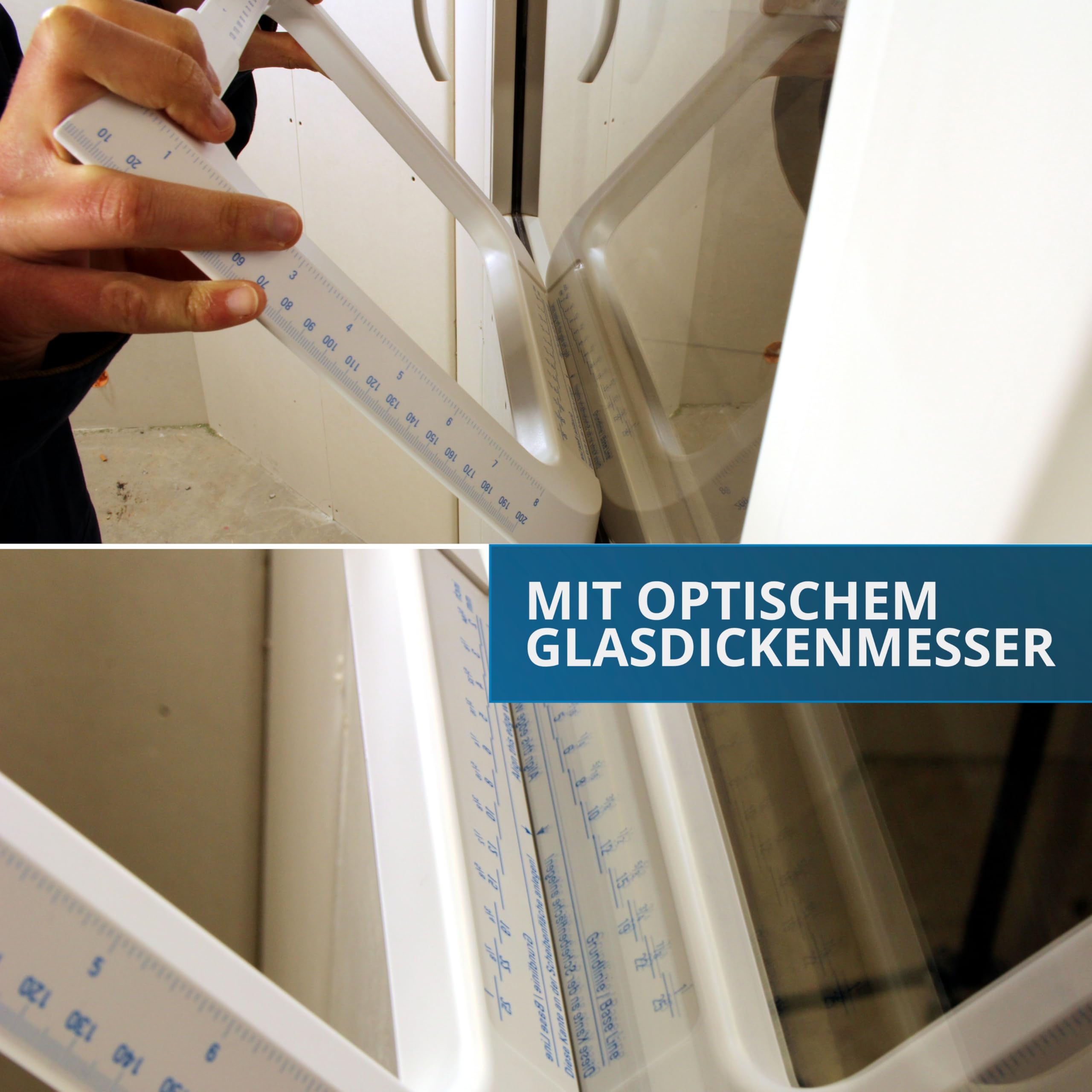 GlassCheck - Glasdickenmesser, Dickenlehre zur Messung der Glasstärke von Scheiben & Isolierverglasung, Dickenmesser 0-120 mm