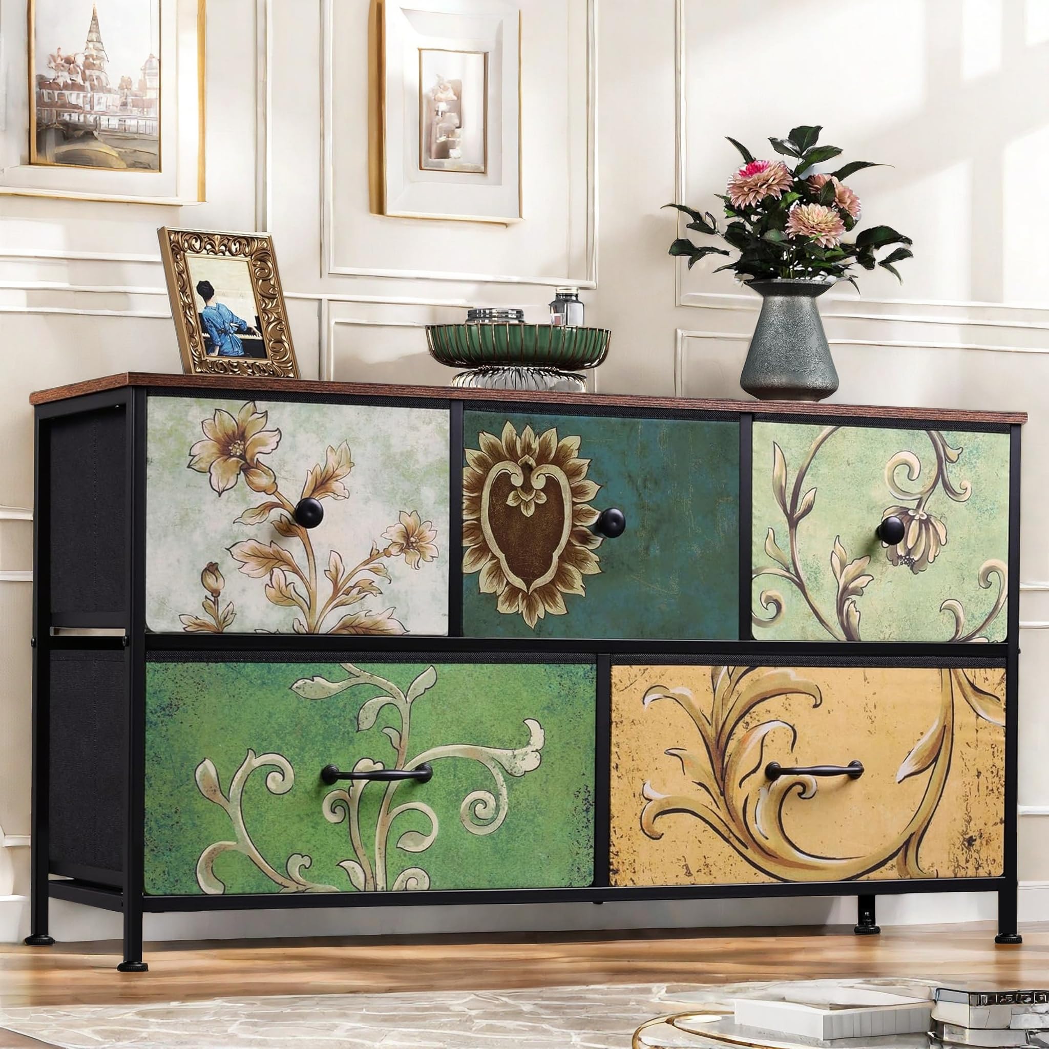DADEA Kommode mit 5 Schubladen, Boho-Stil, Schublade mit Holzplatte, bunt, Aufbewahrungsmöbel, Kommode Bunt, Schlafzimmer, Metallstruktur,