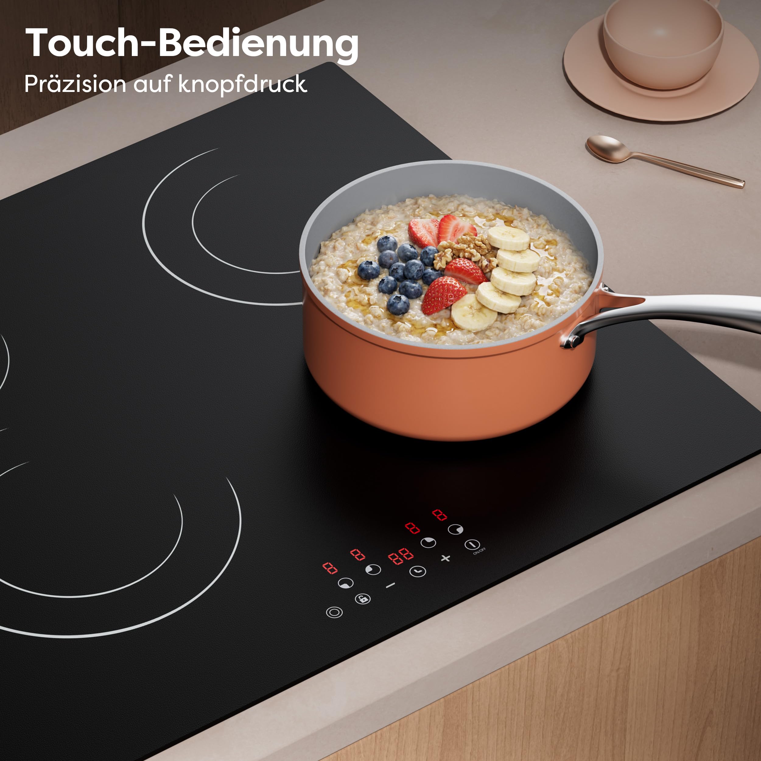 CDV Glaskeramikkochfeld 4 Kochzonen 60 cm 6600 W | Autarkes 60-cm-Einbaukochfeld ohne Stecker, mit Touch, Timer, Kindersicherung und Restwärmeanzeige