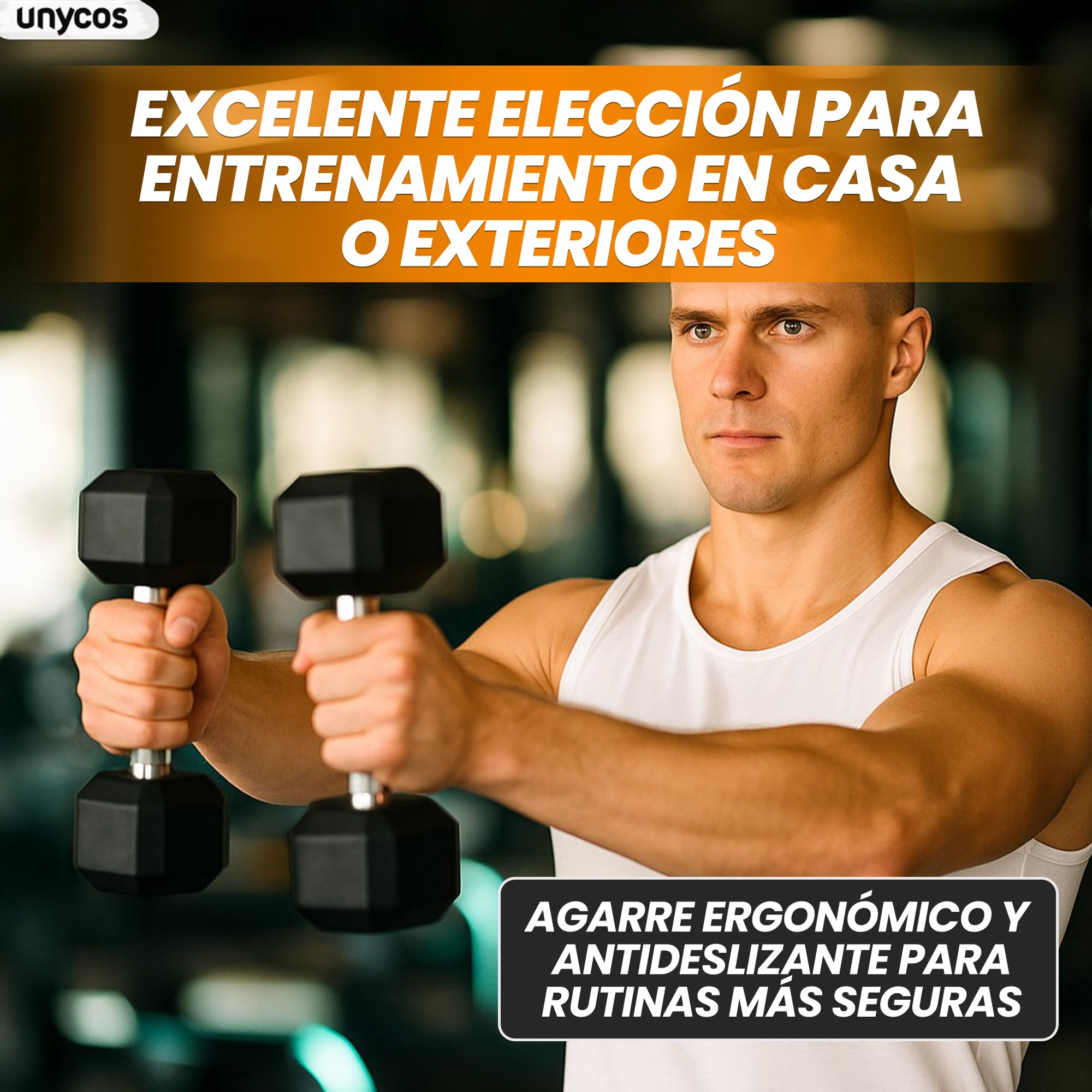 unycos - Mancuernas y Pesas Antideslizantes con Revestimiento de Caucho y Empuñadura Cromada, Disponibles de 5 a 20 kg con Diseño Anti-Rodadura, Entrenamiento de Fuerza/Fitness