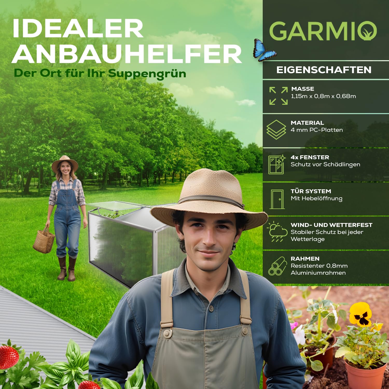 GARMIO® Gewächshaus Protea Klein, Alu Frühbeet, Mini-Gewächshaus, Treibhaus, Frühbeetkasten, Pflanzenbeet, Anzuchtbeet, Tomatenhaus, Pflanzenhaus für Garten, mit 4X Hering