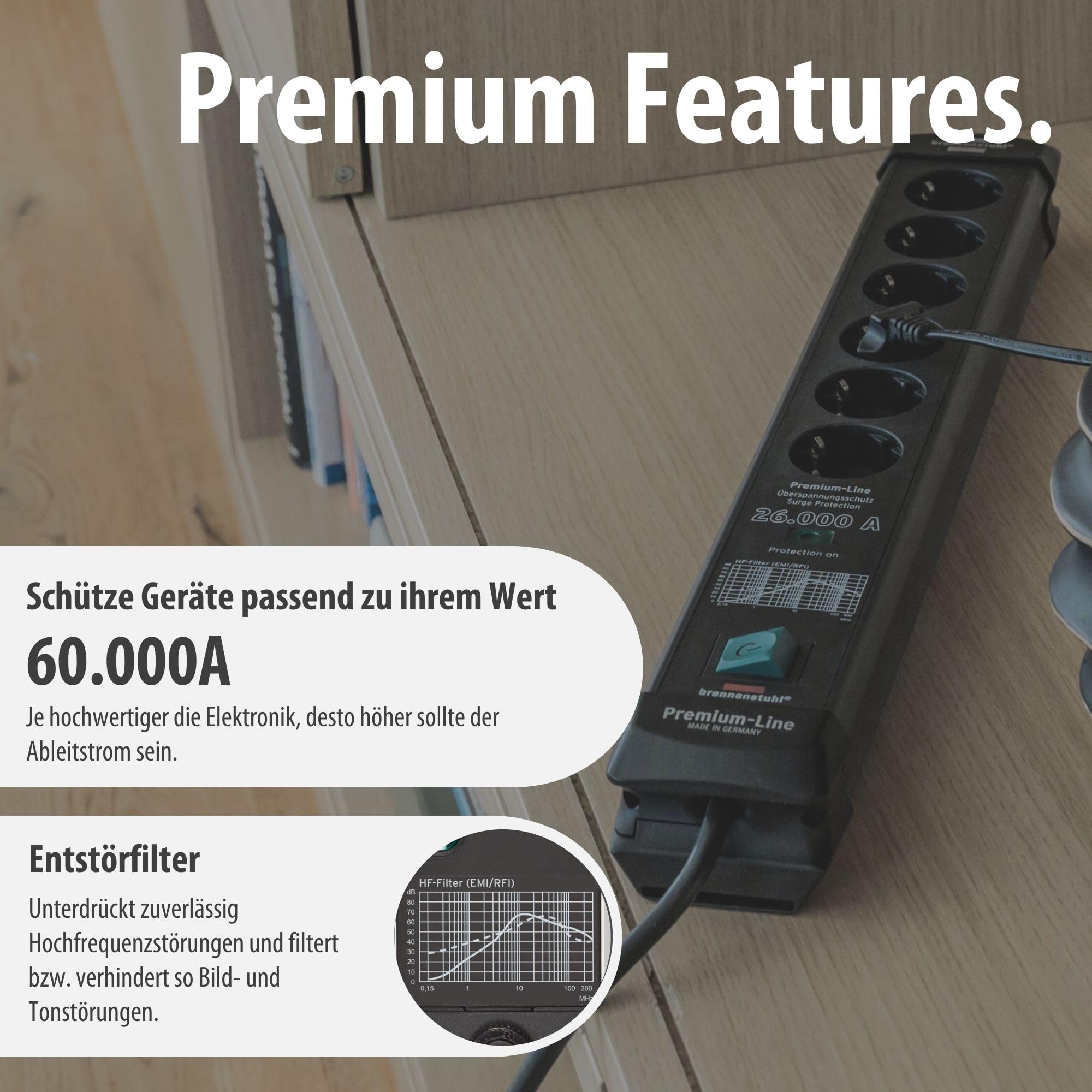 Brennenstuhl Premium-Line Steckdosenleiste 6-Fach mit Überspannungsschutz | Bis zu 60.000A, Mehrfachsteckdose mit Schalter und 3m Kabel, Steckdosenleiste Wandmontage, Made in Germany, schwarz
