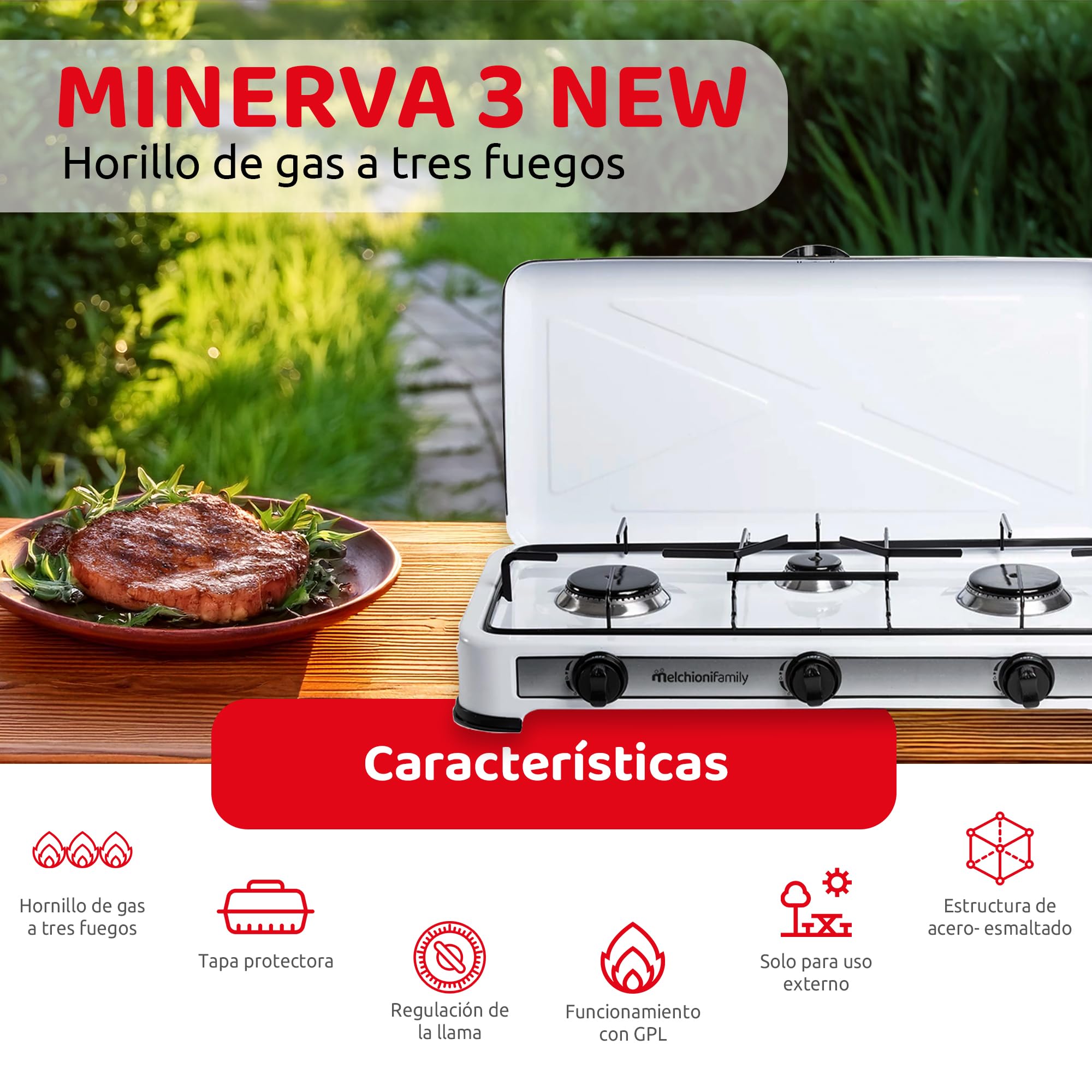 Melchioni Family Minerva 3 | Cocina de Gas 3 Fuegos – Estructura de Acero Esmaltado, Parrillas y Quemadores Extraíbles, Regulación de Llama, Potencia 2.9 kW