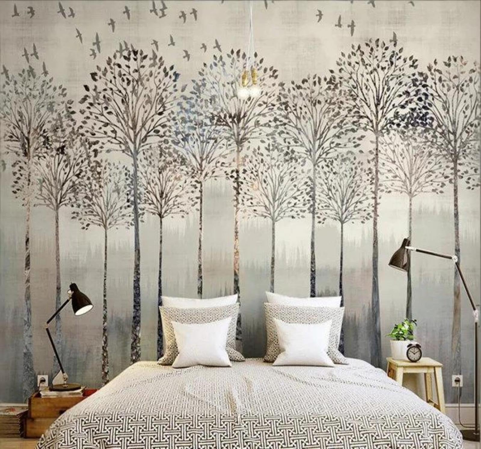 Xlming 250Cm×170Cm(B×H) Vintage Hand Drawn Forest Birds Landscape 3D Wallpaper Silky Texture Home Study Office Grey Dining Room Sofa Bedroom Living Room Tv Backdrop-250Cm×170Cm