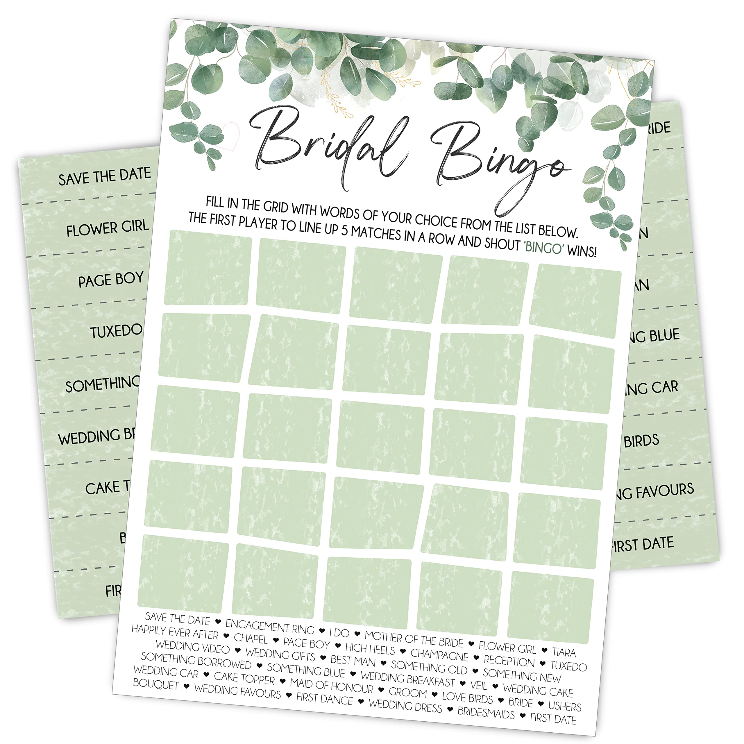 Lovely Little Things Hen Party Bingo Game Eucalyptus – 20 Player Bingo Cards with Calling Cards & Word Grid – Fun Hen Do Game for Bride Tribe – Bridal Shower & Bachelorette Party Game – UK Printed