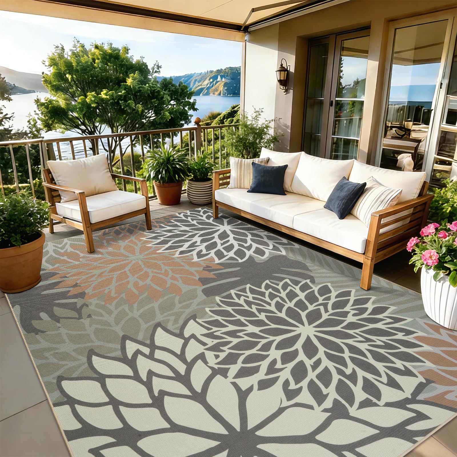 Homcomodar Outdoor Rug 160x230cm Jute Rugs Living Room Washable Indoor Outdoor Rug Living Room Non-Slip Flower Garden Rug for Patio Balcony Deck Living Rooms Kitchen Bedroom (Brown)