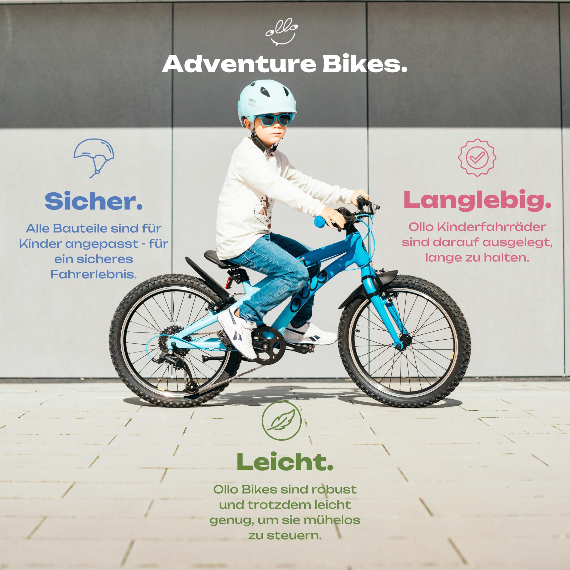 Ollo Adventure Bike 20 Zoll Kinderfahrrad ab 6 Jahren - leichtes Kinder Fahrrad für 120-135 cm Körpergröße mit Aluminiumrahmen, 8-Gang-Schaltung, Bremsen, Schutzblechen, Ständer & Gym Bag