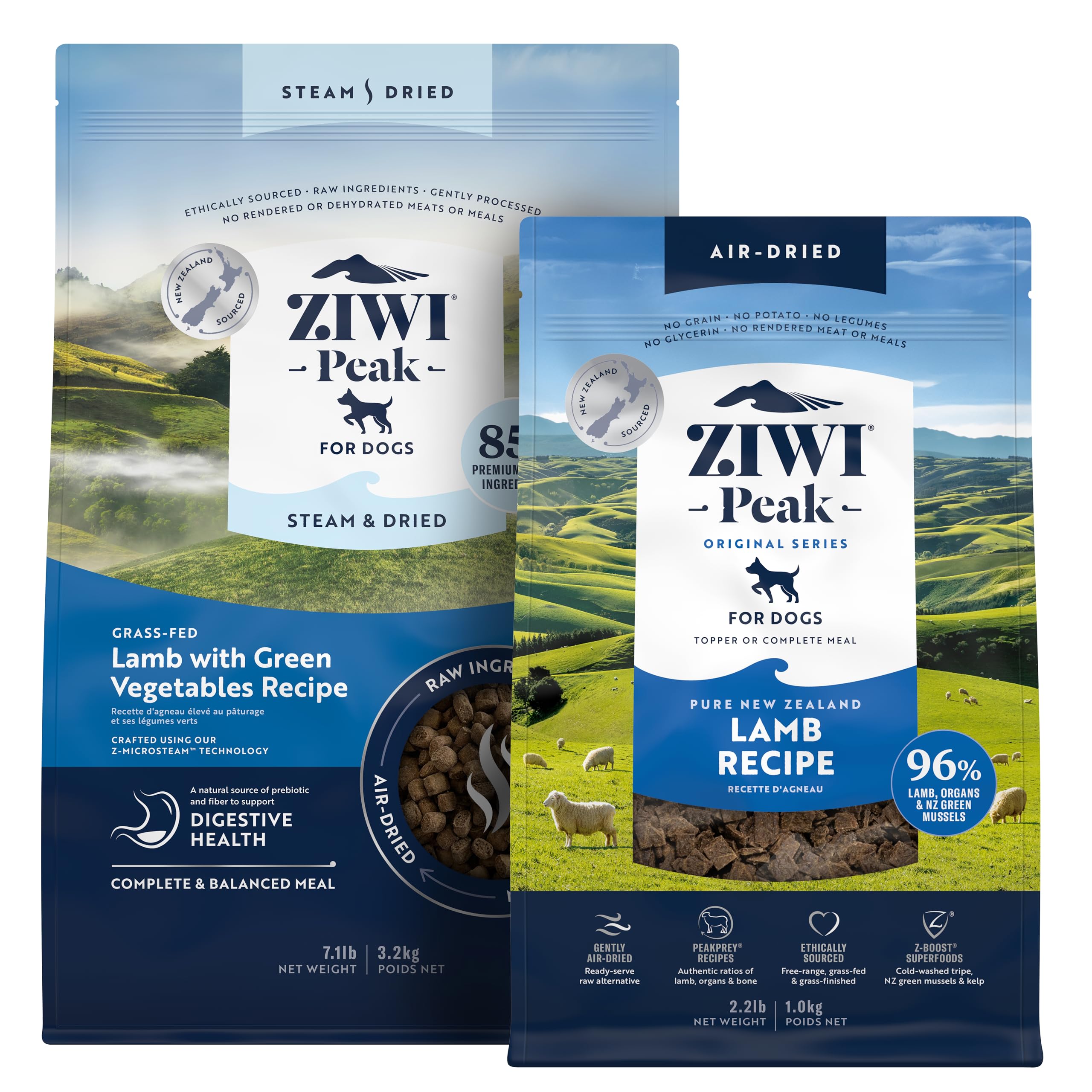 ZIWI Peak Large Lamb Dry Dog Food Bundle- Air-Dried Lamb (35.2oz) + Steam & Dried Lamb w/Vegetables (113.6oz)