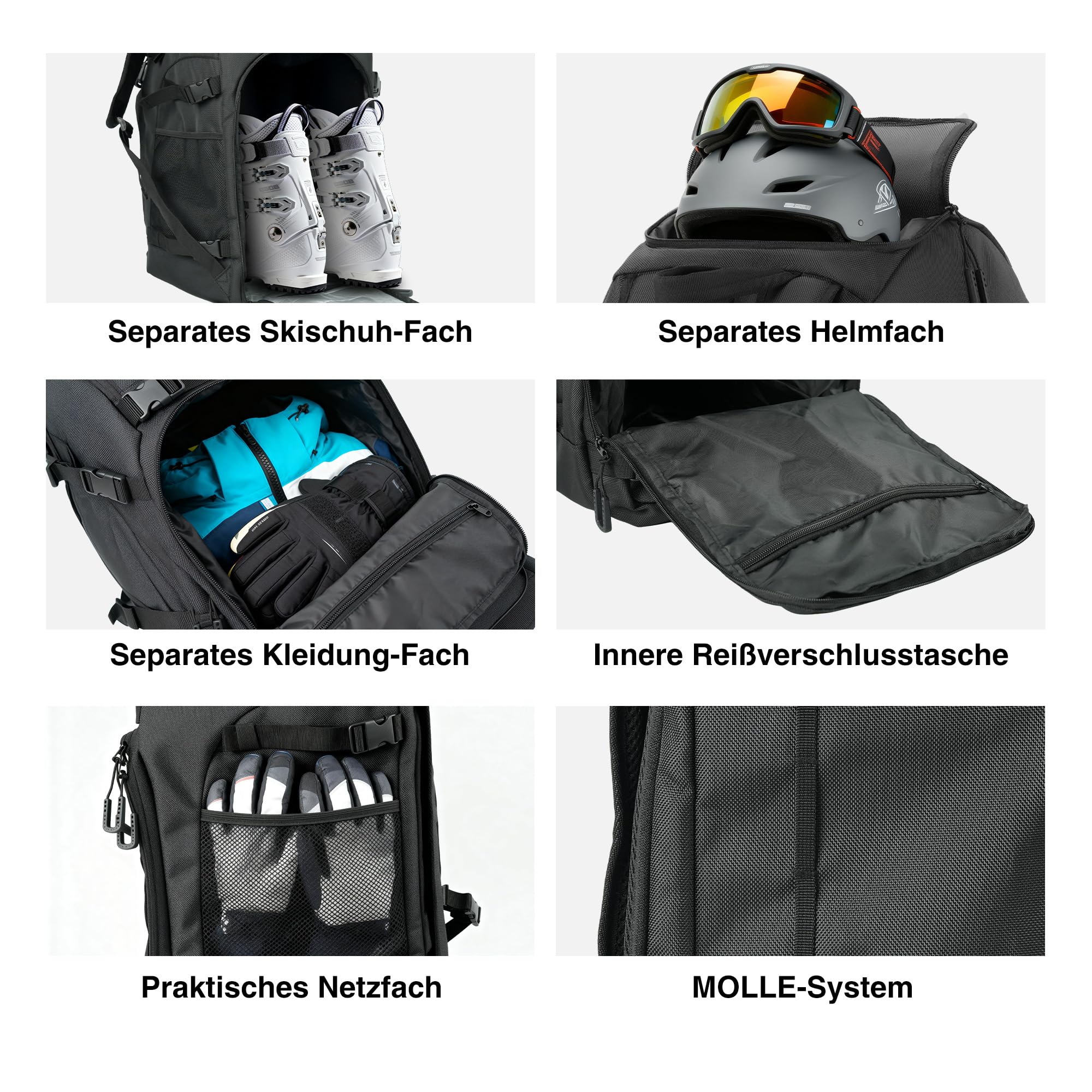 Zedelmaier 50L Skischuhrucksack Skirucksack für Helm Skischuhe & Ski/Snowboard Handschuhe 4-in-1 wasserfeste & Kratzfeste Skischuhtasche Skitasche für Skistiefel bis Größe 45 (30×34×48cm H Schwarz)