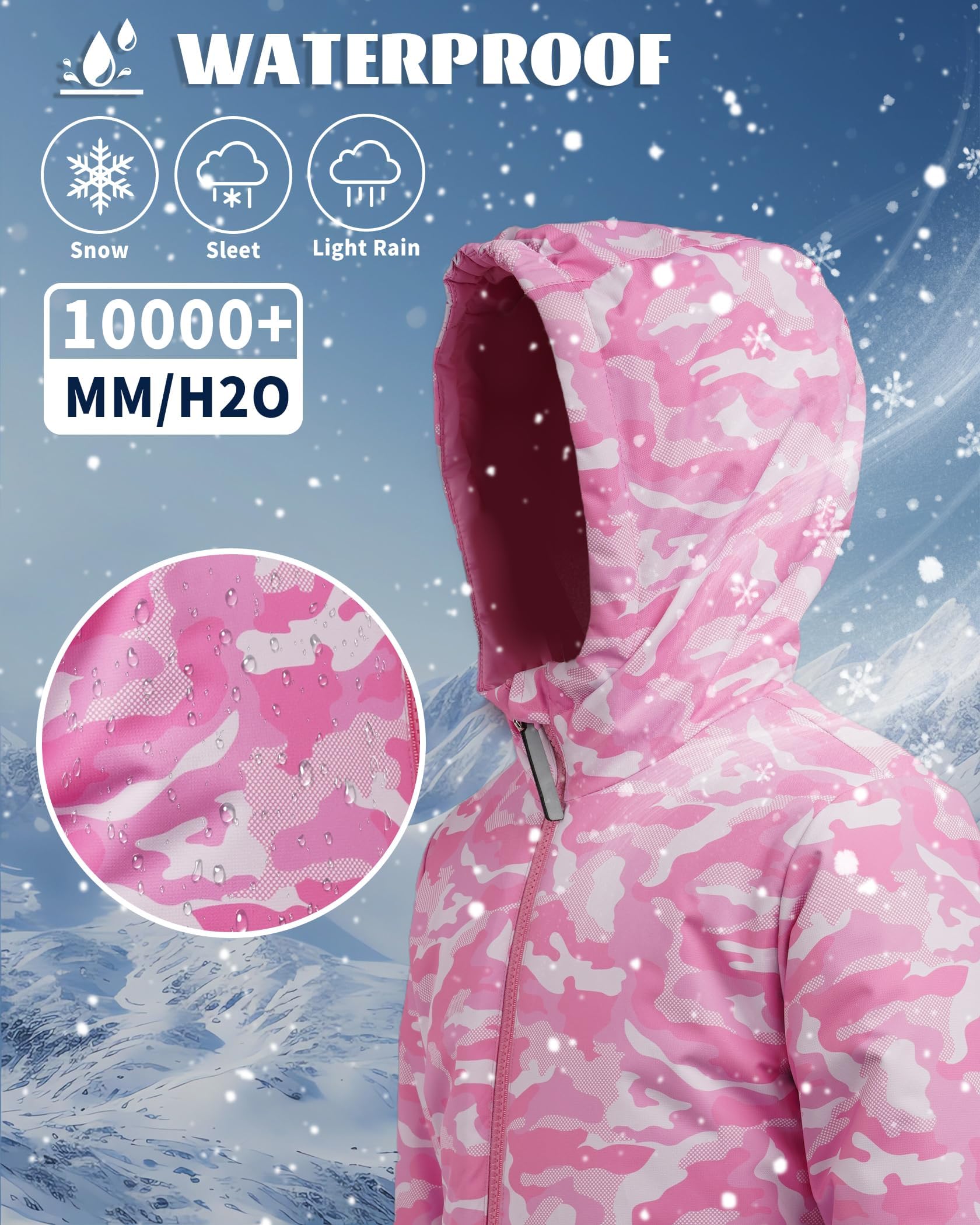 Owntop Schneeanzug Kinder Unisex, Schneeoverall Mädchen Jungen, Winddicht Wasserdicht Skianzug mit Kapuze Reißverschluss (Hellrosa Tarnung,122)