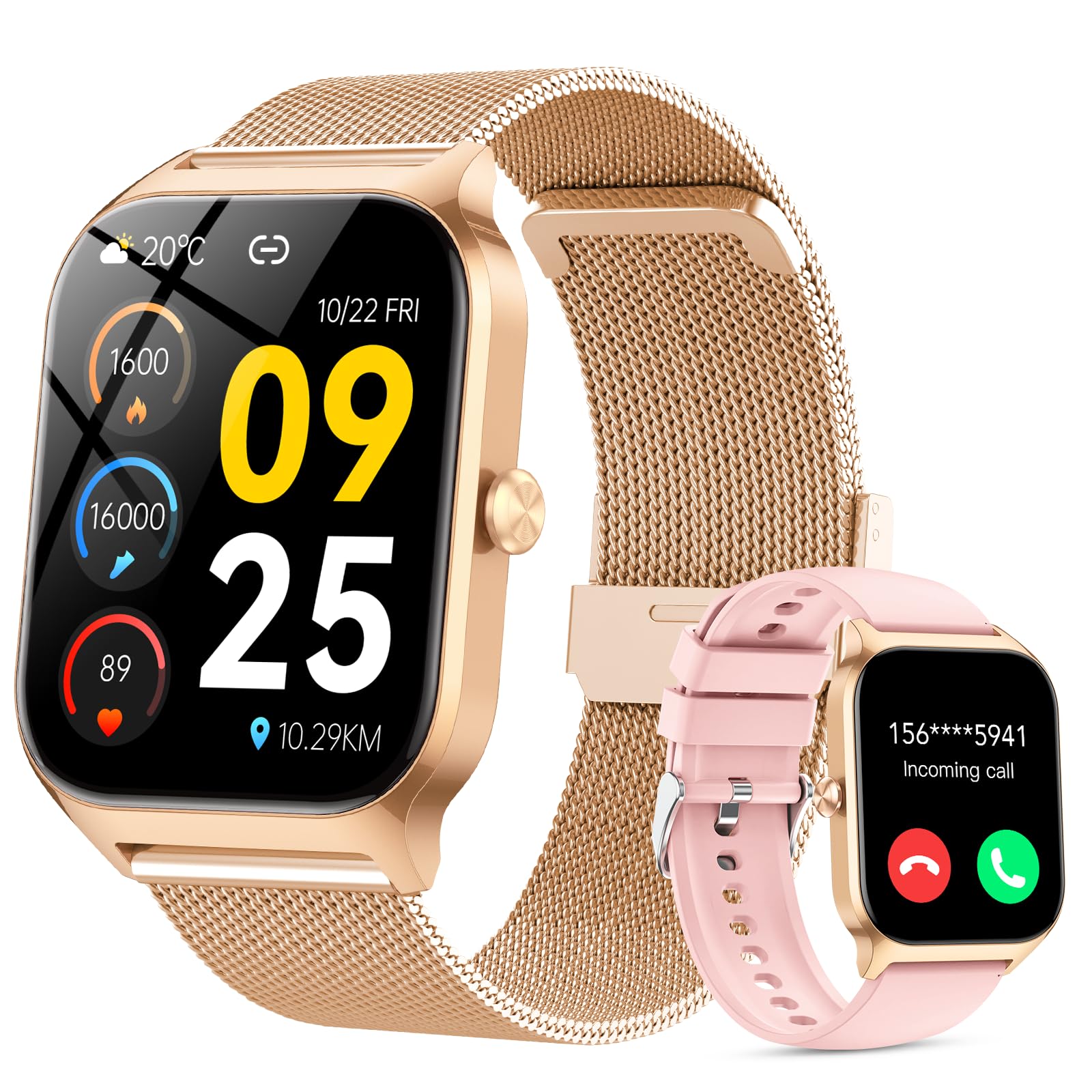 CASCHO Smartwatch Donna,1.85''Orologio Smartwatch Donna con Chiamate/Notifiche WhatsApp,120 Modalità Sportive/Sonno/Cardiofrequenzimetro/SpO2/Contapassi,Smart Watch per Android iOS(Doppio Cinturino)