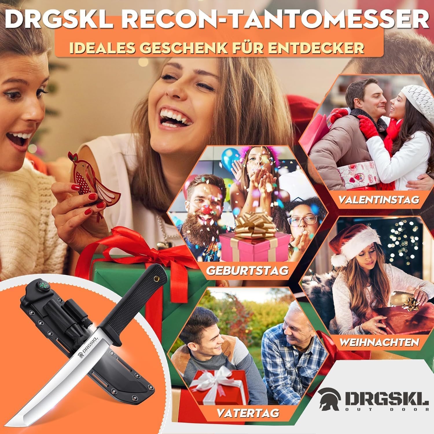 DRGSKL Recon Tanto Survival Messer Outdoor Scharfe Dschungel-Jagdmesser Kydexscheide Bushcraft Outdoor-Messer für Camping Messer, Wandern Weihnachtstag Männer Geschenke Schwarz
