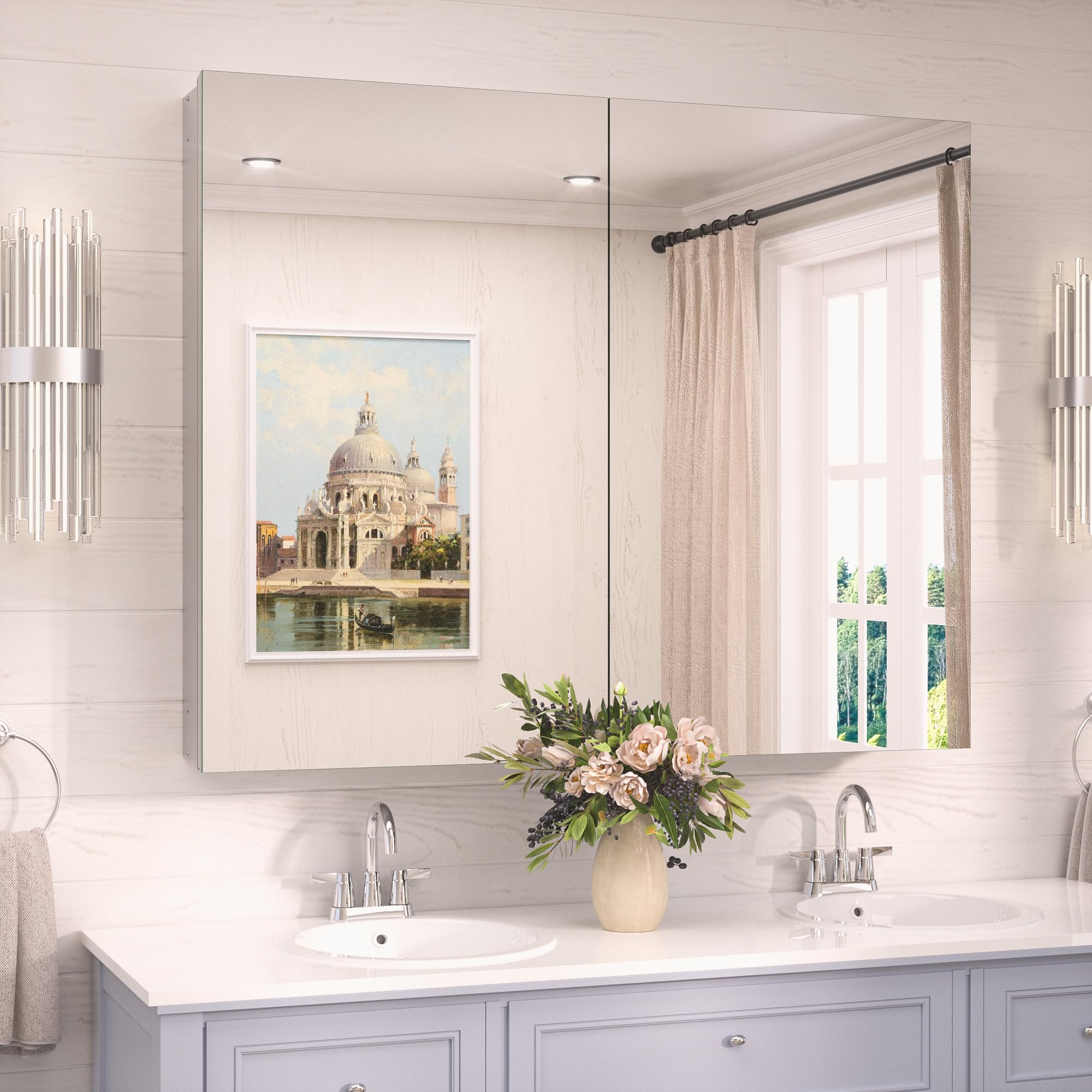 TokeShimi 40x32 Bathroom Medicine Cabinet with Mirror Silver, Aluminum Tempered Mirrored Medicine Cabinet Recessed or Wall Mounted with Adjustable