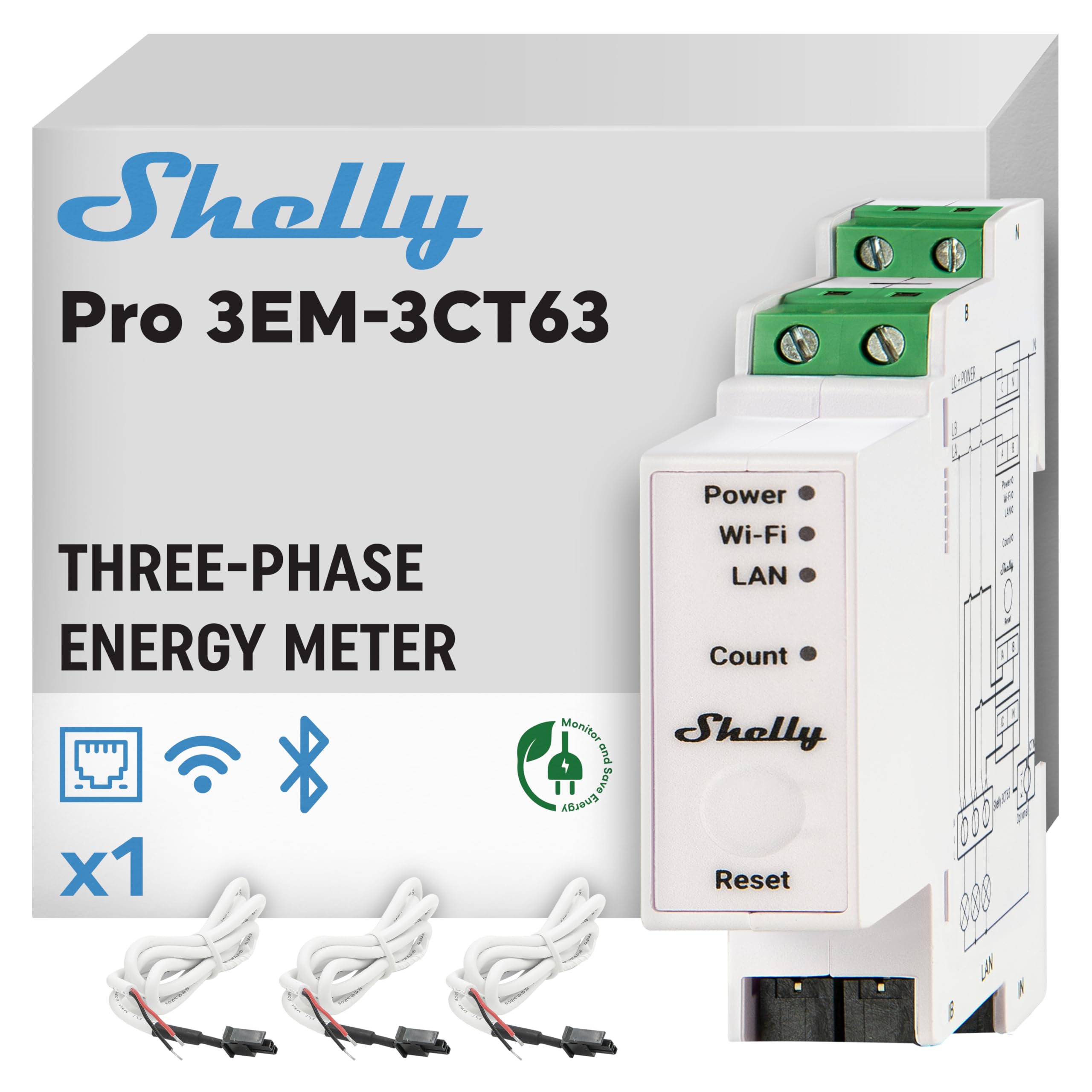 Shelly Shelly Pro 3EM - 3CT63, WLAN und LAN 3-Phasen-Energiezähler & Stromwandler, 63A, Echtzeit-Energieüberwachung, kein Hub Erforderlich, Solar-/Grid-Metering, kein Integriertes Relais, PV-kompatibel
