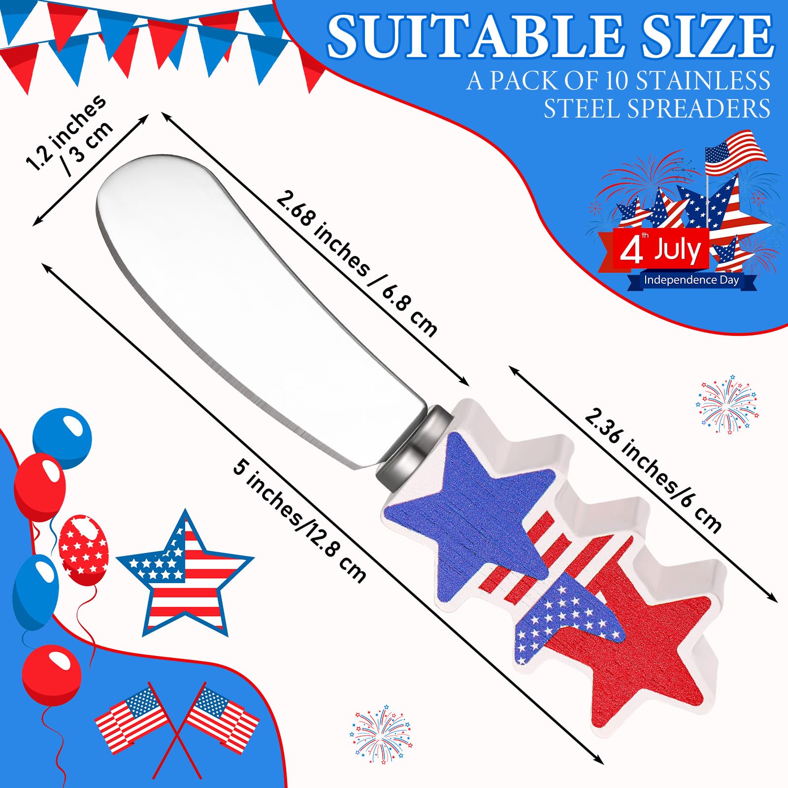 Sieral 10 Pcs Patriotic Cheese and Butter Spreader Knives Cheese Spreader Butter Spreader Knives Multipurpose Independence Day Decor with Hand Painted Wooden Handle Stainless Steel Blade