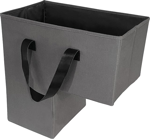 Tulcan Foldable Stair Basket Organiser. Large Stair Tidy Basket Storage with Lightweight, Collapsible Design made from Grey Oxford Fabric and Black Faux Leather Handles.