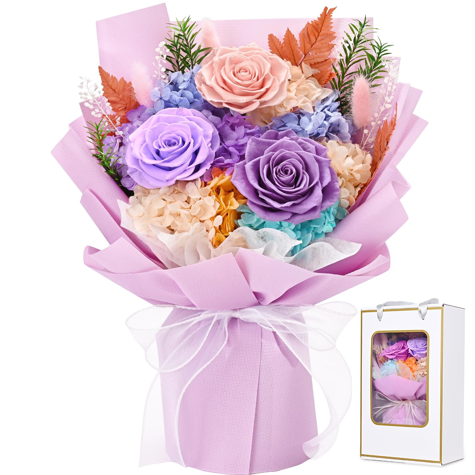 Waipfaru Preserved Flowers, Pink Fresh Bouquet with Gift Box, Flowers for Delivery Prime, That Last 1-3 Years, Forever Flowers for Women Mother Day