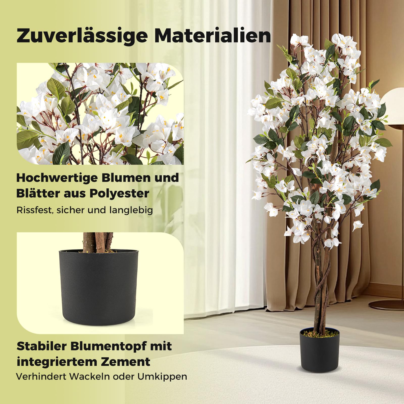 COSTWAY 120 cm Kunstbaum mit Blüten, Kunstpflanze im Topf, Künstlicher Bougainvillea Baum, Fake Topfpflanze, Künstliche Pflanzen für Indoor Outdoor Schlafzimmer Büro Garten Dekoration (Weiß,1)
