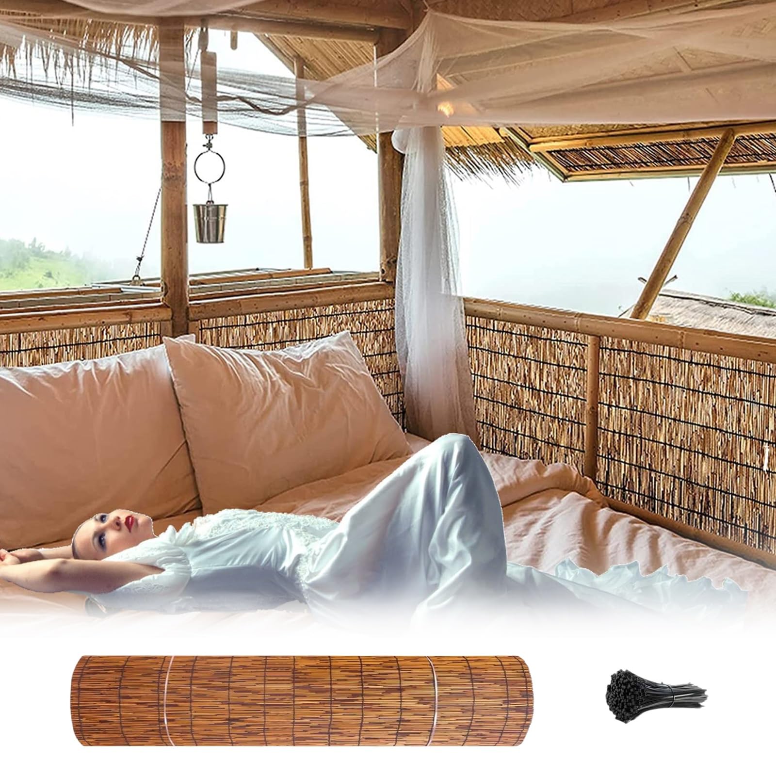 Valla De Bambú Natural En Rollo, 50 Cm 70 Cm 90 Cm 110 Cm 130 Cm, Pantalla De Valla Caña para Balcón, Patio Trasero, Jardín, Divisor De Valla(90x500cm(3.0x16.4FT))