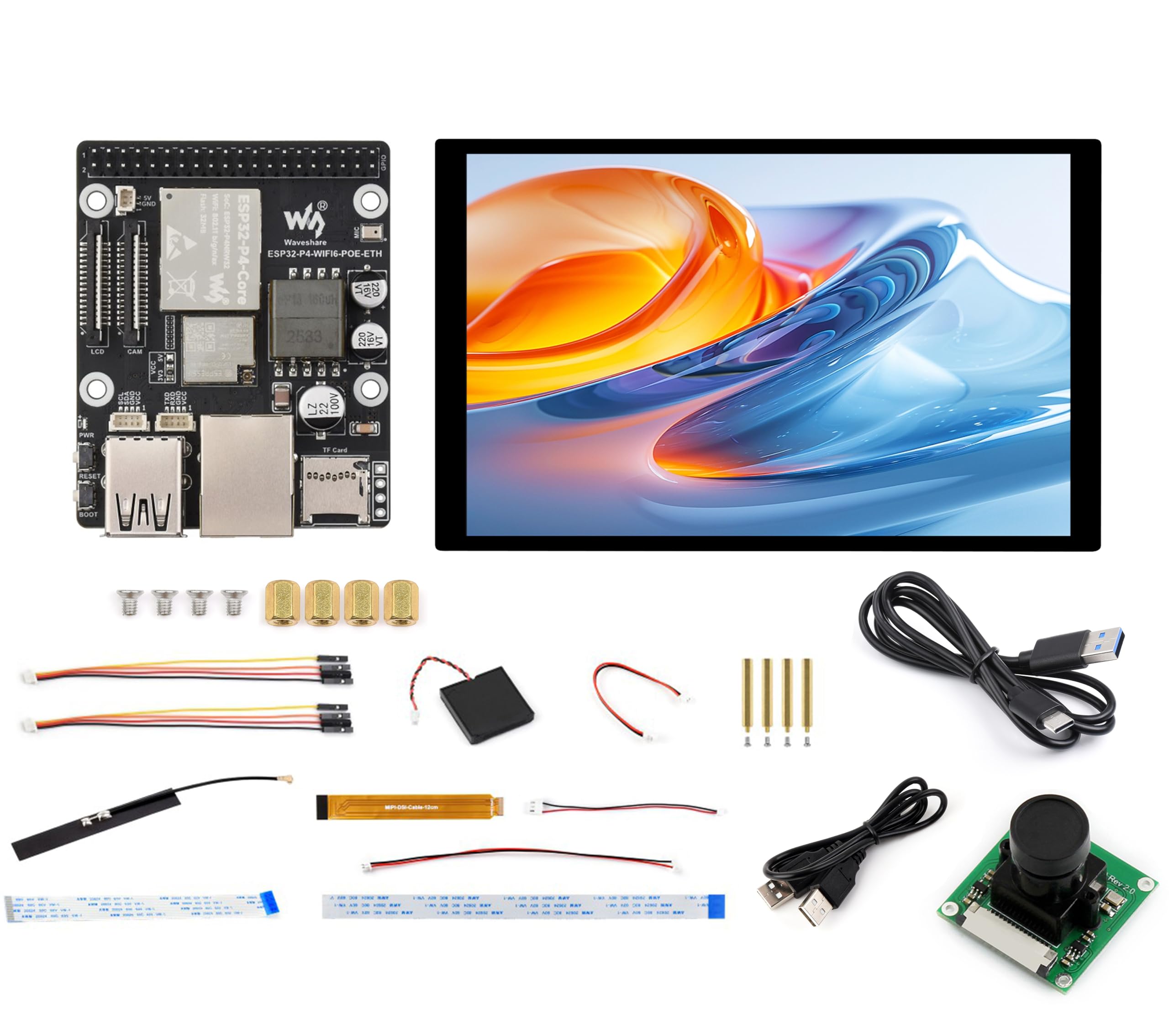 ESP32-P4-WIFI6-POE-ETH Development Board, Based on ESP32-P4 and ESP32-C6, Supports Wi-Fi 6 and Bluetooth 5 (LE), with PoE Module for PoE Power Supply, with 10.1inch Screen, Camera, Speaker (16 Items)