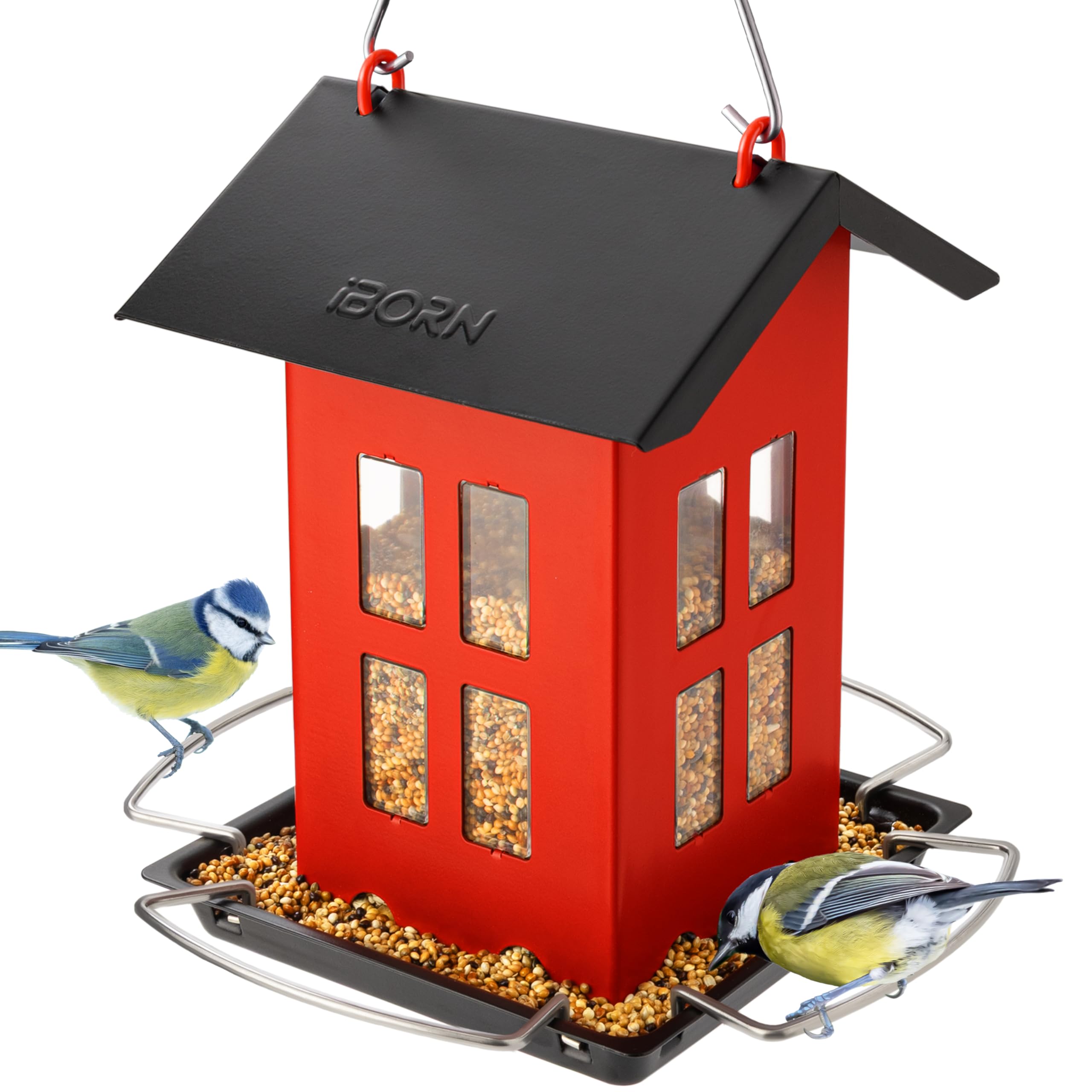 iBorn Bird Feeder, Metal Bird Feeders for Outdoors Hanging,Double-Sided Metal Hanger & Weatherproof, Easy to Clean & Refill, 2.2 Lbs Capacity, Red