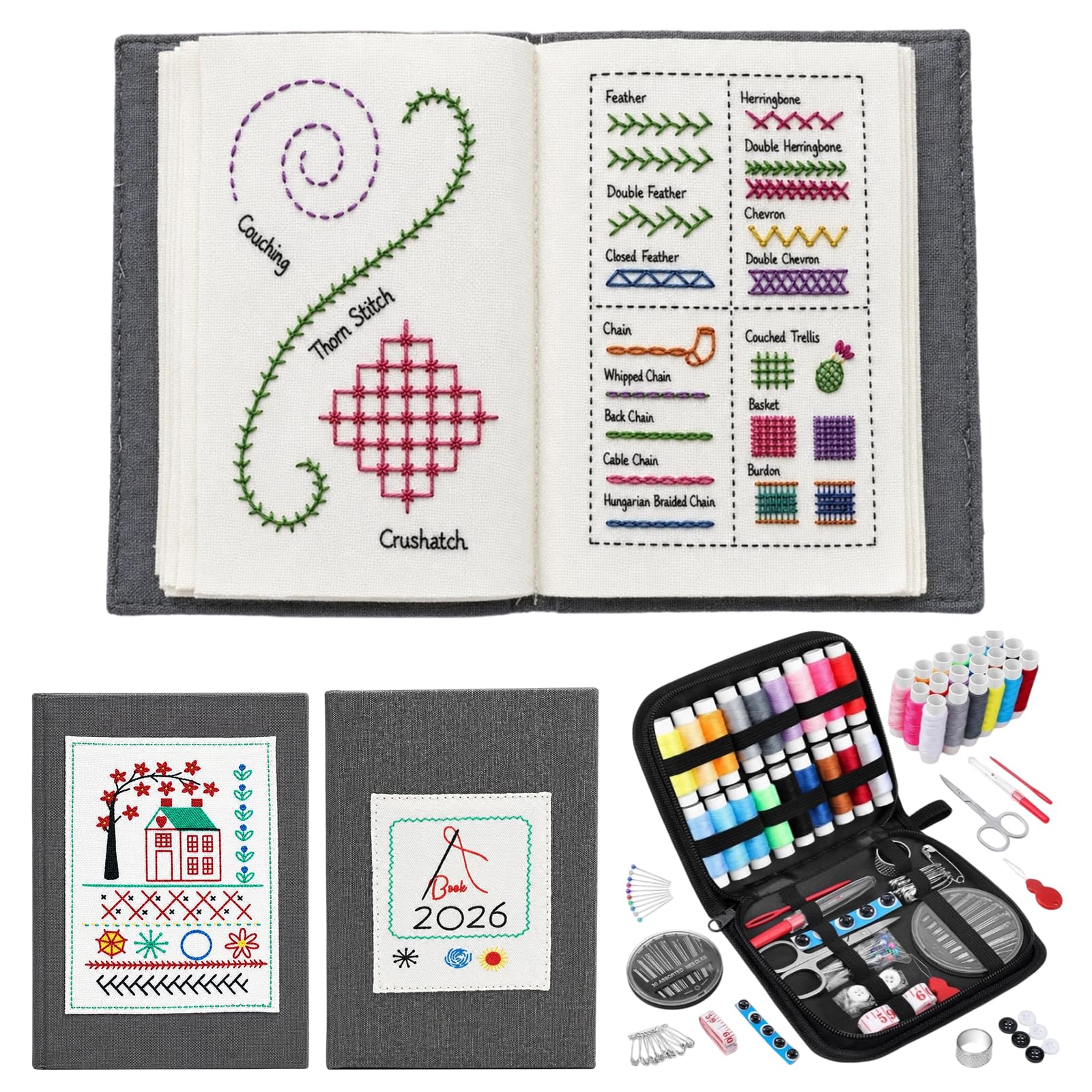 Aonuy 2026 Embroidery Stitch Book Kit, Cross Stitch Kits for Adults Beginners, with Pre-Printed Patterns Threads and Needles, Portable Embroidery Kit Gift