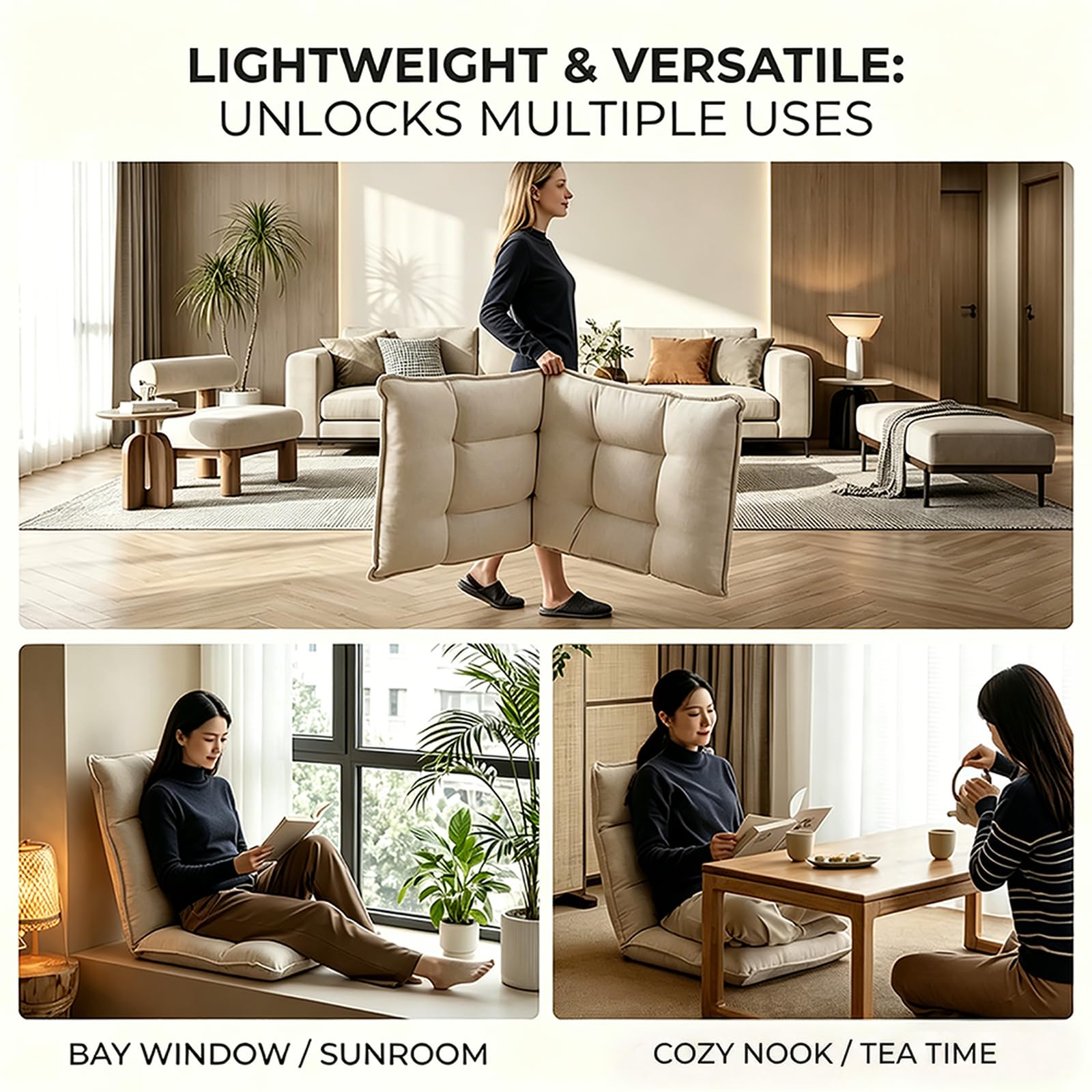 Silla de suelo ajustable con soporte trasero, tumbona plegable de 42 posiciones, asiento de meditación versátil para sala de estar, dormitorio, ventana de bahía