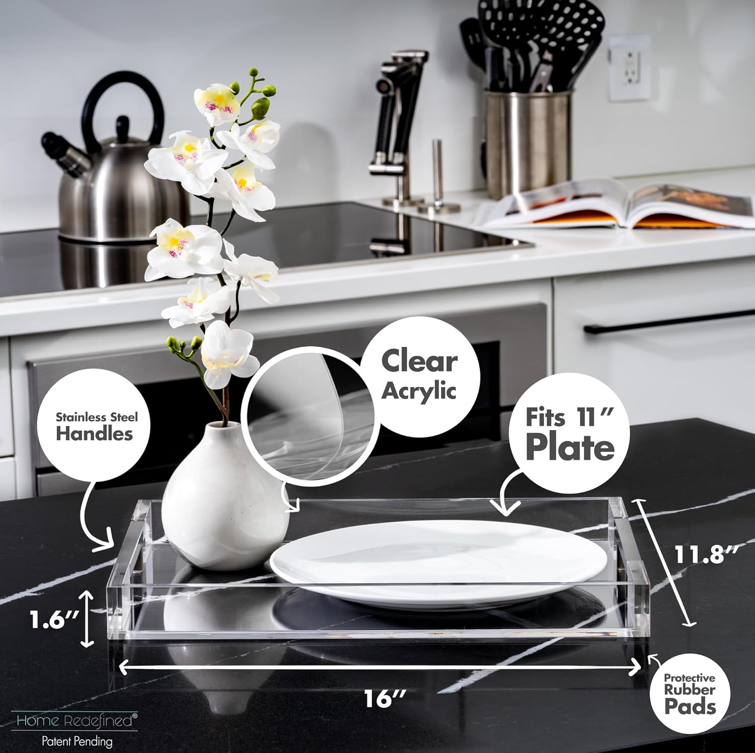 Modern 16"x12" Rectangle Acrylic Lucite Plastic Decorative Serving Tray with Silver Stainless Steel Metal Handles for Home Decor Ottoman Coffee Table Food Fruits Lap Vanity Perfume by Home Redefined - Image 3