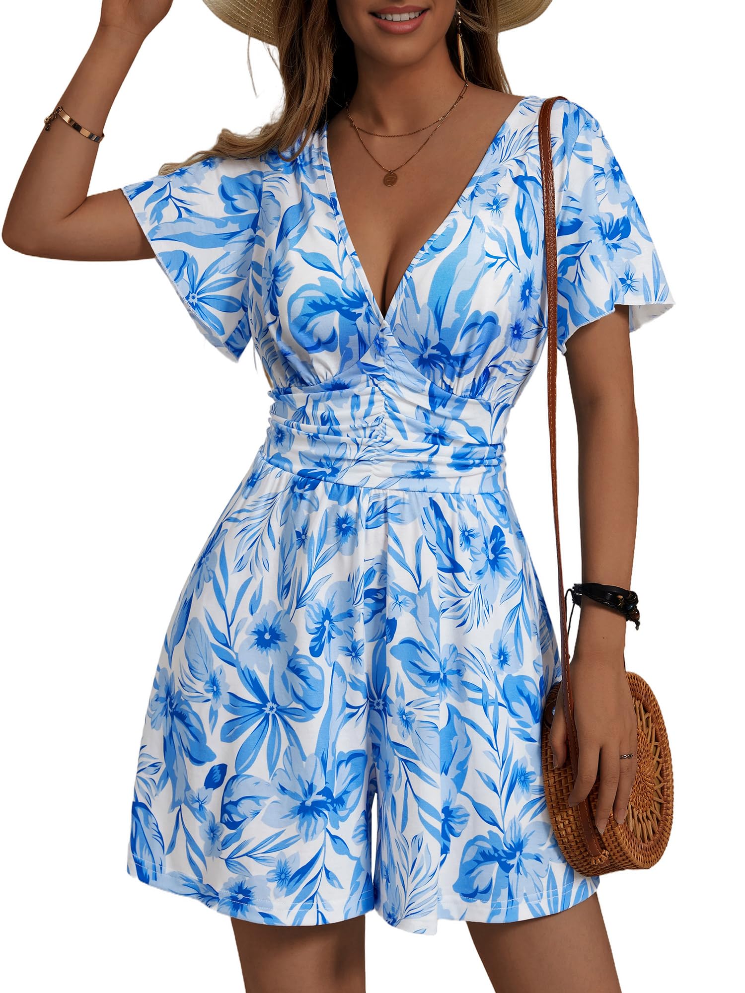 ZABERRY Women's Back Lace Up Floral Rompers with Pockets Short Ruffle Sleeve Summer Jumpsuits Wide leg Outfit