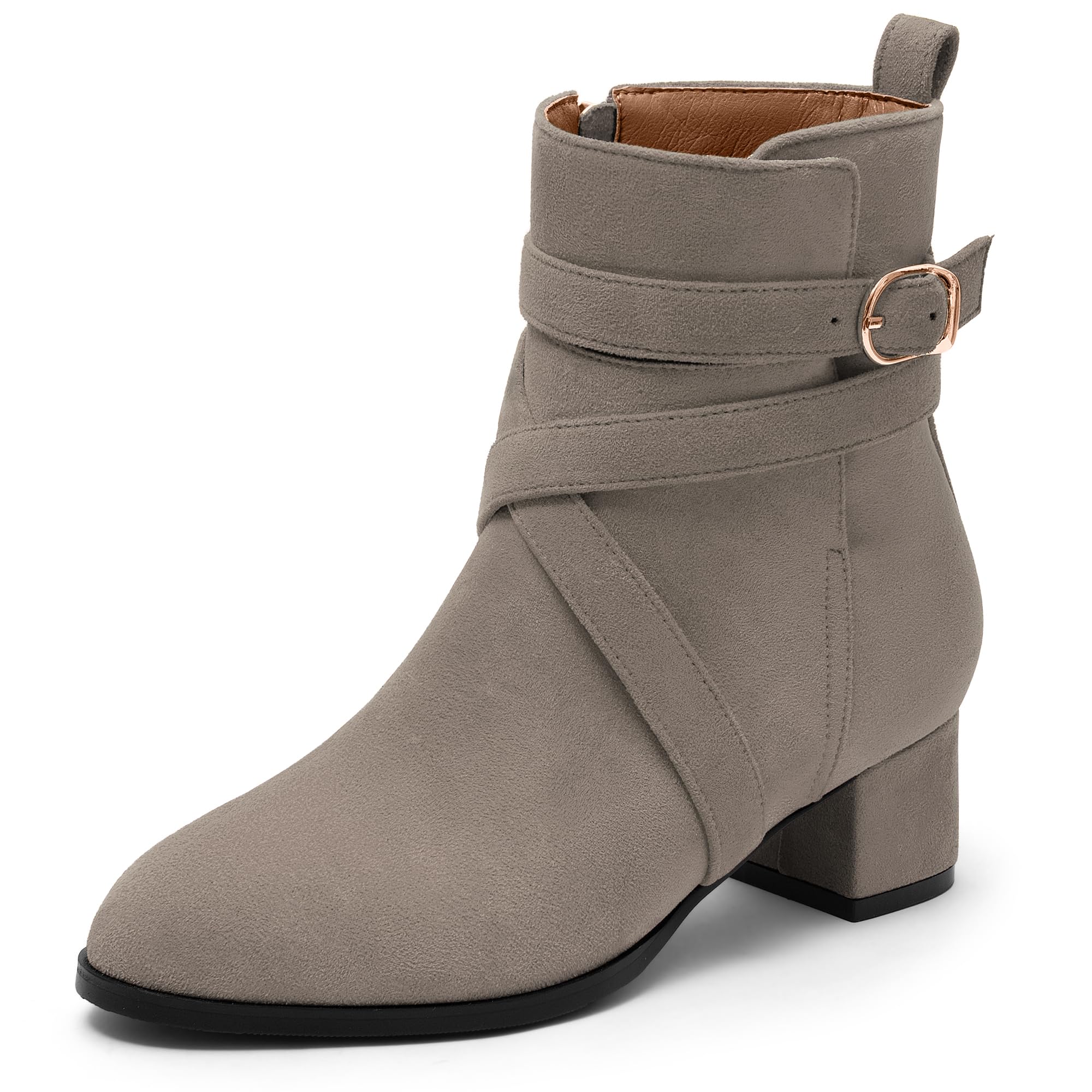 NUMALEO Womens Fashion Casual Ankle High Buckle Comfort Heeled Solid Round Toe Ankle Adjustable Strap Synthetic Ankle Boot