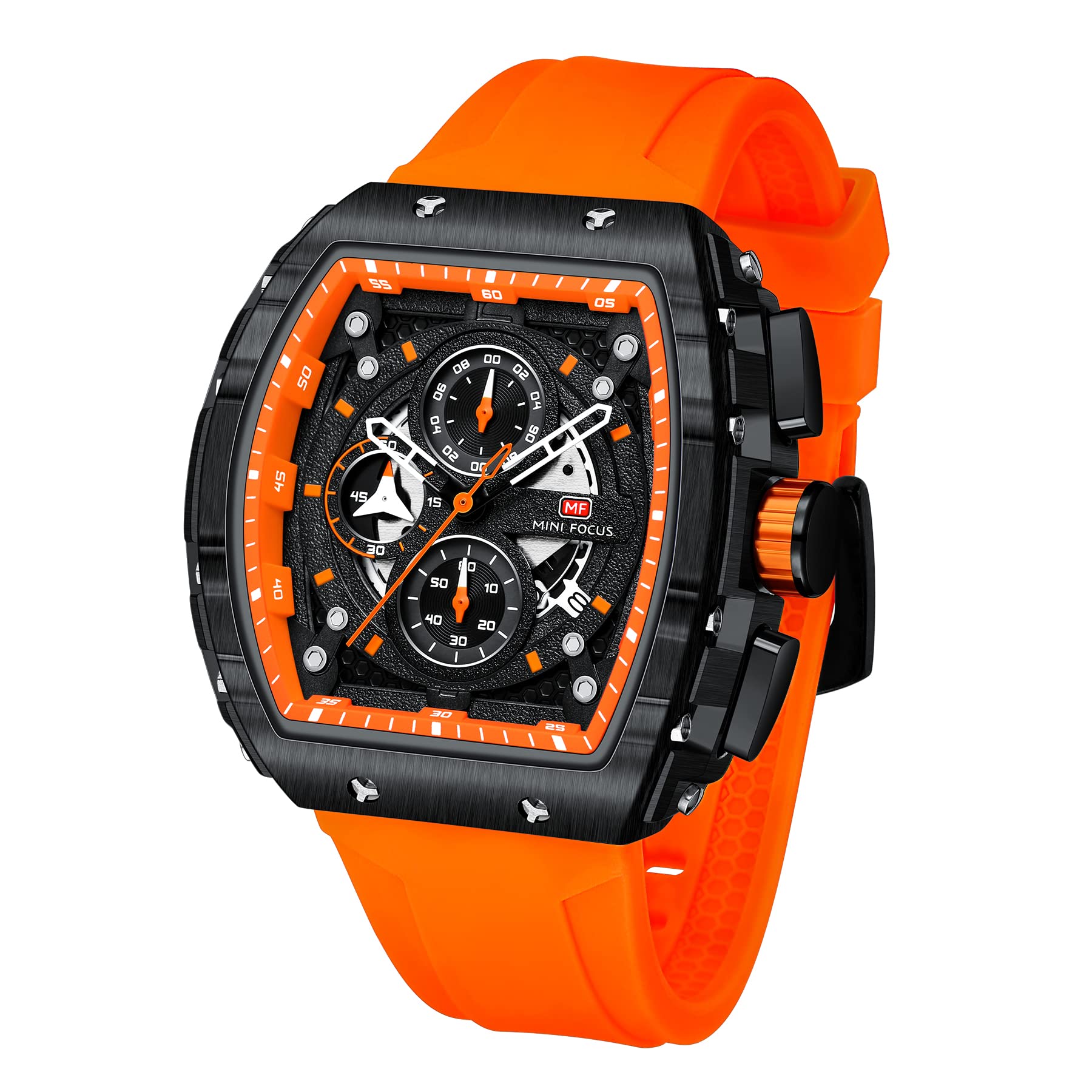 Mini Focus - Reloj cronógrafo único para hombre, estilo casual (hueco/impermeable/superluminoso/calendario), correa de silicona suave, reloj moderno para hombre