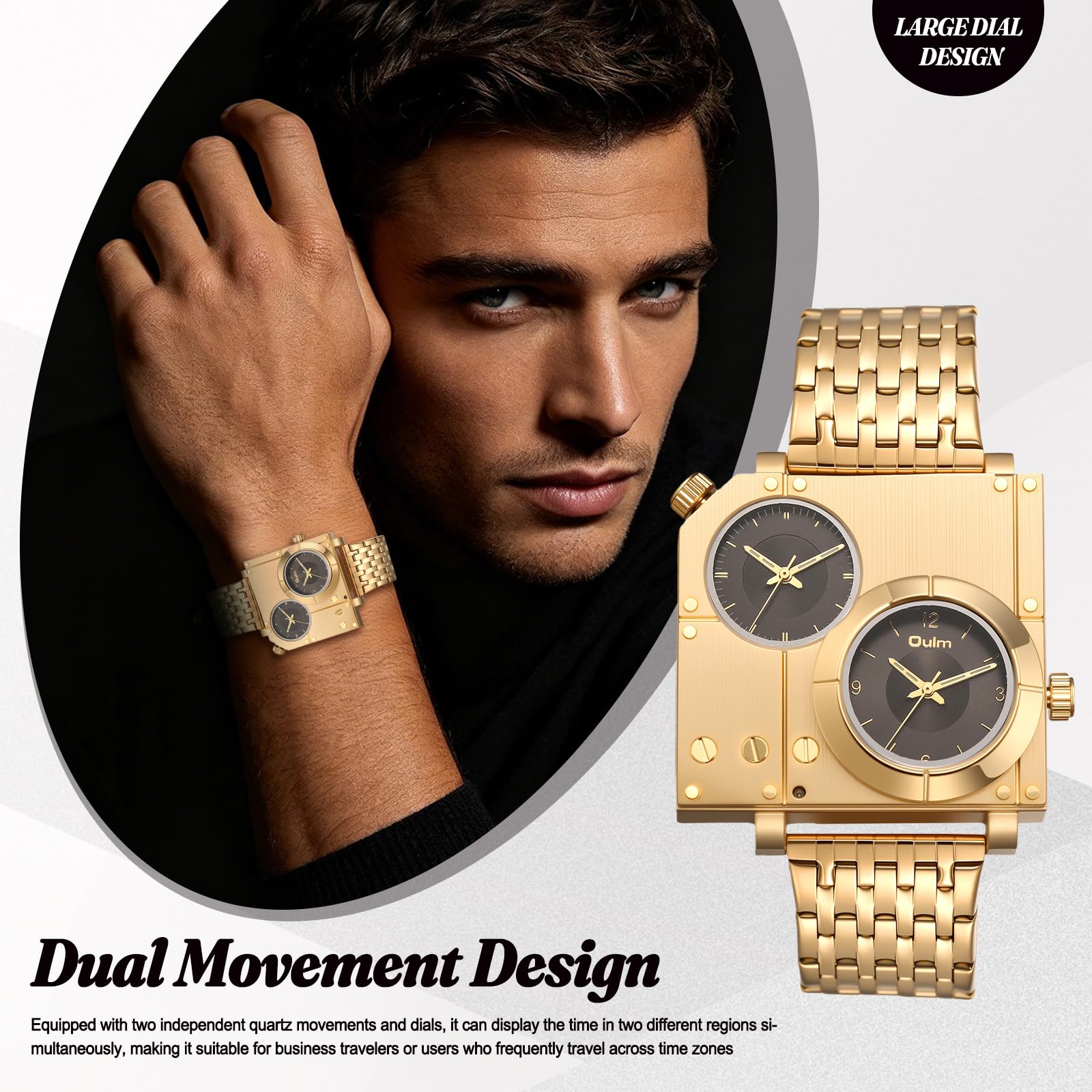 OIDEA - Reloj para hombre, cuadrado, cuarzo, caja dorada, pulsera de acero inoxidable, extraíble, esfera negra, doble esfera de dos zonas horarias, gran reloj, regalo para hombre