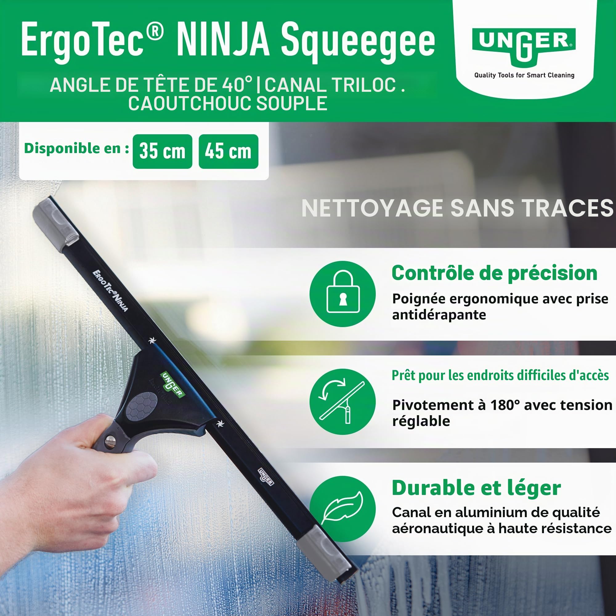 Unger EN350 ErgoTec Ninja Nettoyant pour vitres, complet 40°, 35 cm de taille, caoutchouc souple