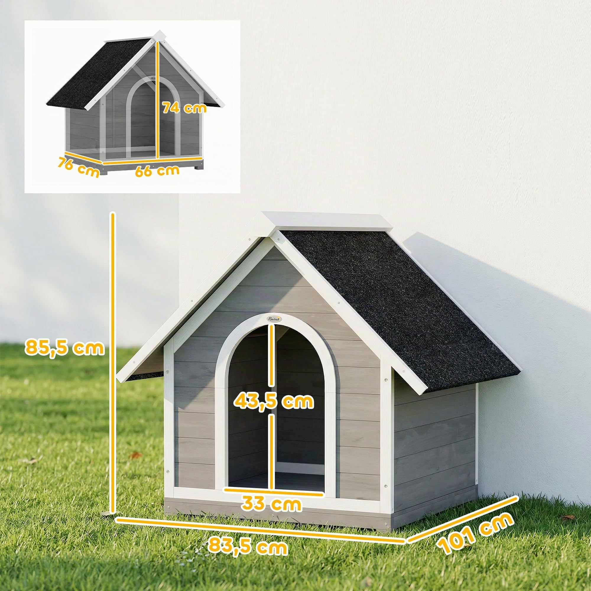 PawHut Niche pour Chien Extérieur en Bois Ouvrant 84x101x86 cm Gris/Blanc | Nettoyage Facile, Toit Bitumé Étanche, Villa Scandinave Surélevée