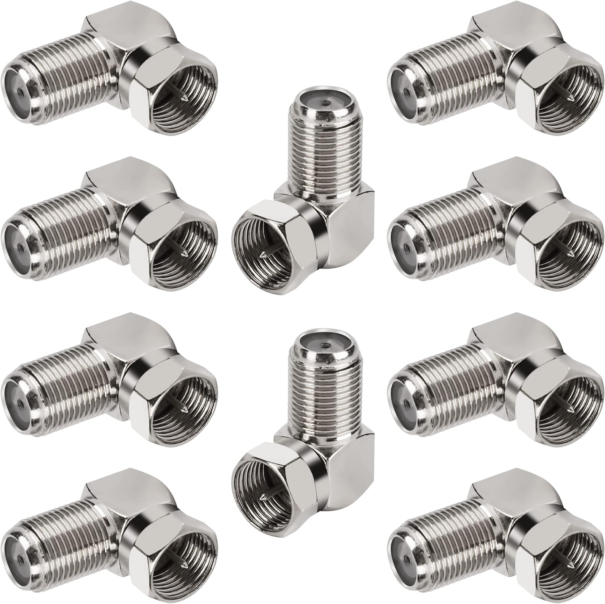90 Degree Coaxial Connector 10 Pack, Right Angle F-Type RG6 Male to Female Coax Adapter for Coax Cable and Wall Plates