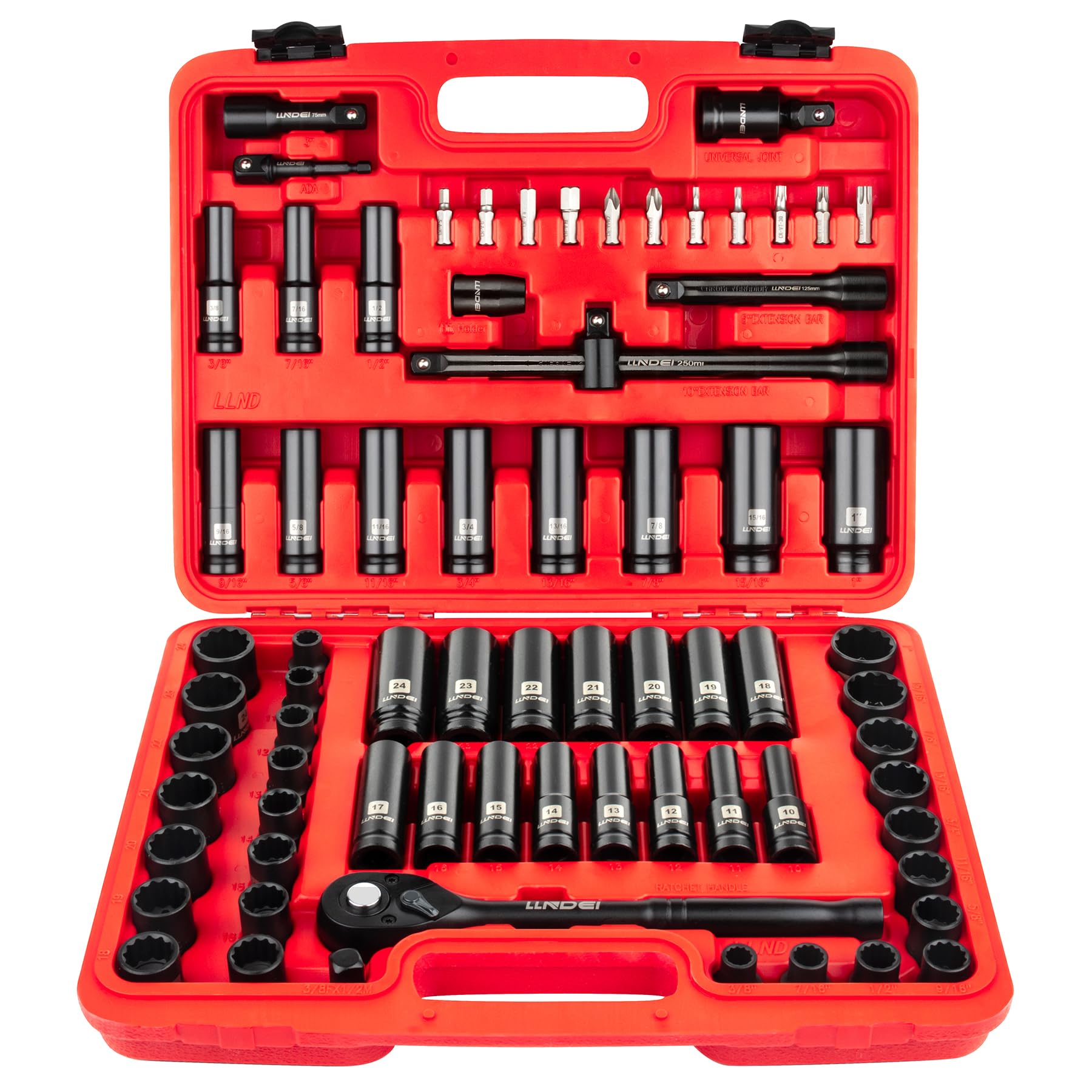 LLNDEI 72 Piece 1/2 Inch Drive Socket Set, 6 & 12 Point Impact Sockets, Deep & Shallow Sockets, Cr-V Steel, Metric & SAE, Including Extension Bars,